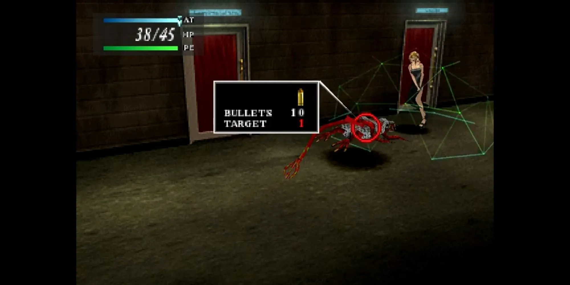 Aya Brea trong Parasite Eve chiến đấu với quái vật trong một không gian hạn chế, sử dụng súng và năng lực Parasite Energy với hệ thống ATB thời gian thực.