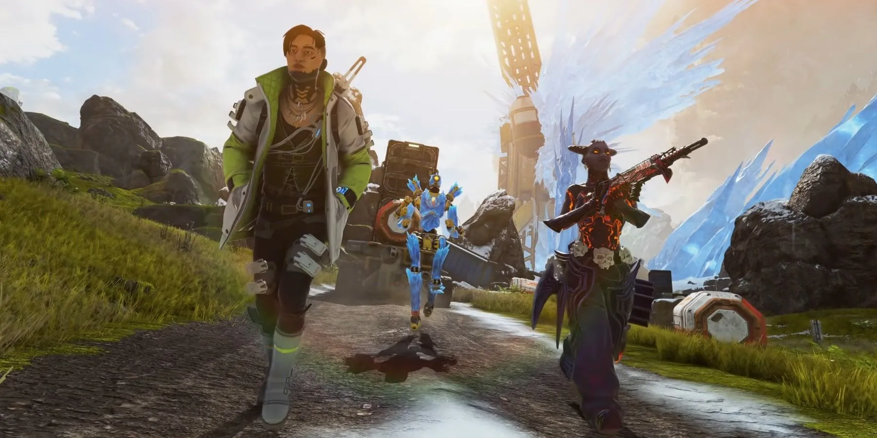 Ba nhân vật Crypto, Pathfinder, và Lifeline chạy trên đường tại World's Edge trong Apex Legends