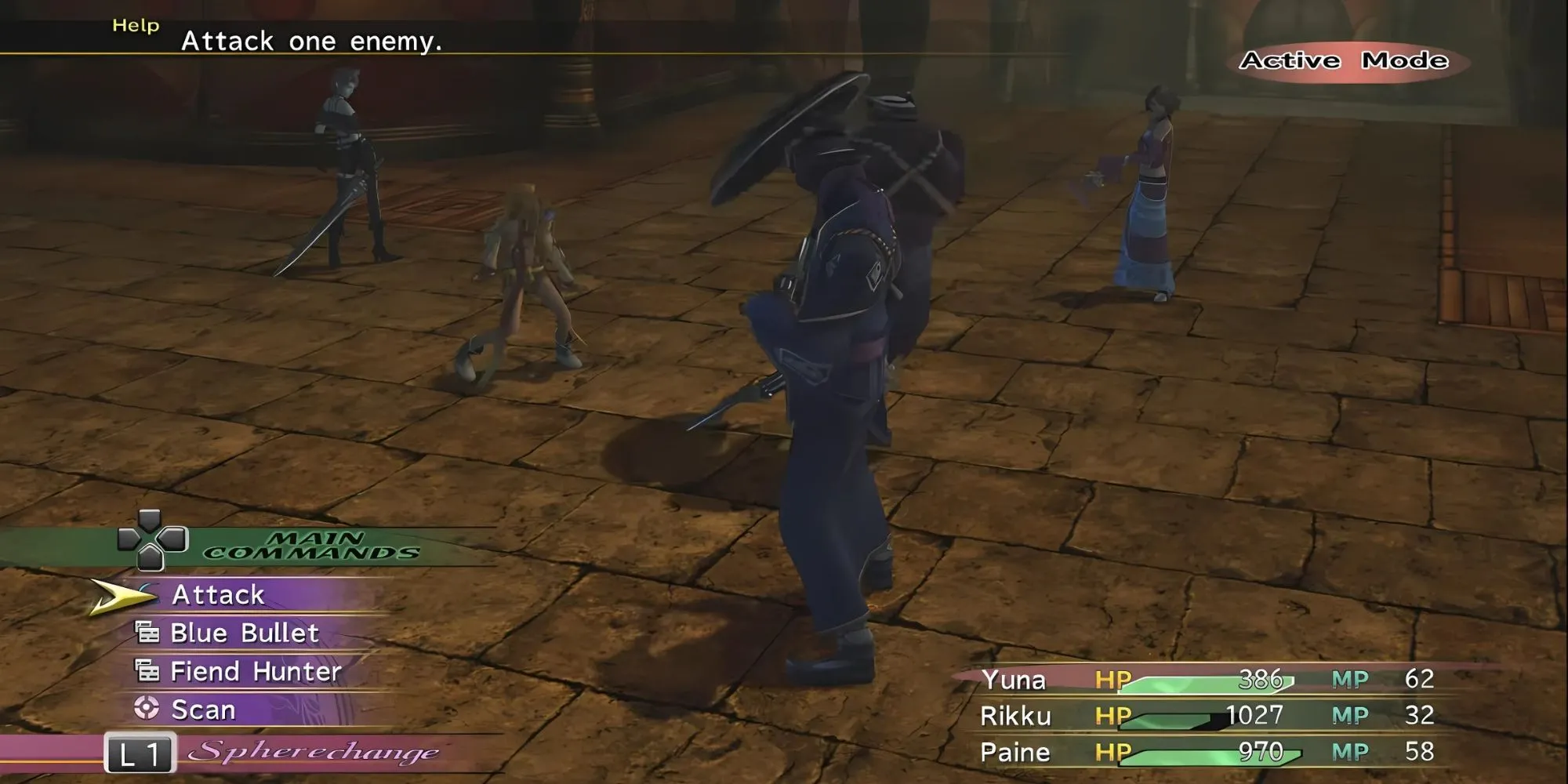 Ba nhân vật Yuna, Rikku, và Paine trong Final Fantasy X-2 đang chiến đấu với cơ chế ATB linh hoạt và hệ thống Dressphere.
