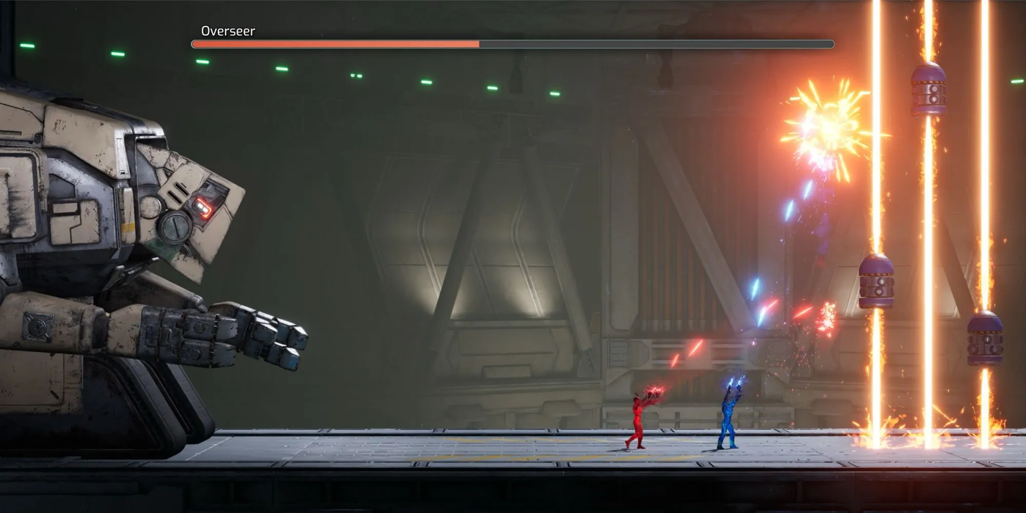 Boss Overseer trong Split Fiction với cơ chế chiến đấu twin-stick shooter