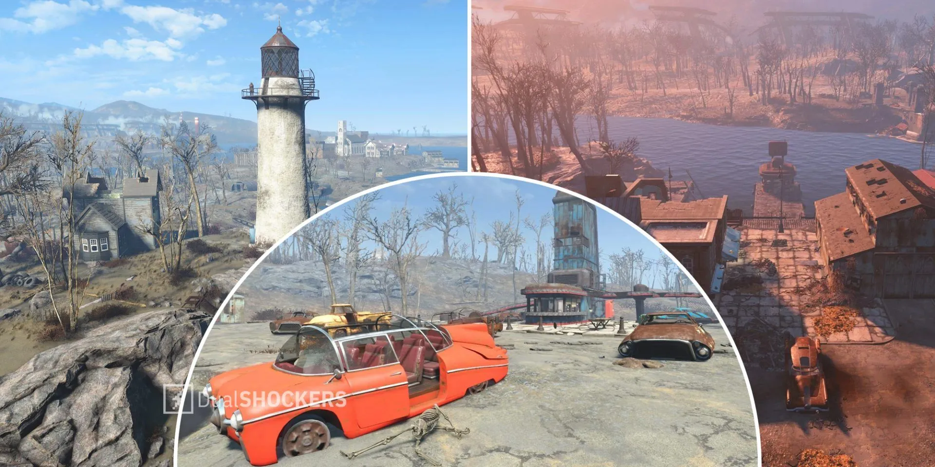 Các địa điểm định cư trong Fallout 4: Ngọn hải đăng Kingsport (trái), Starlight Drive-in (giữa), Bến thuyền Egret Tours (phải)