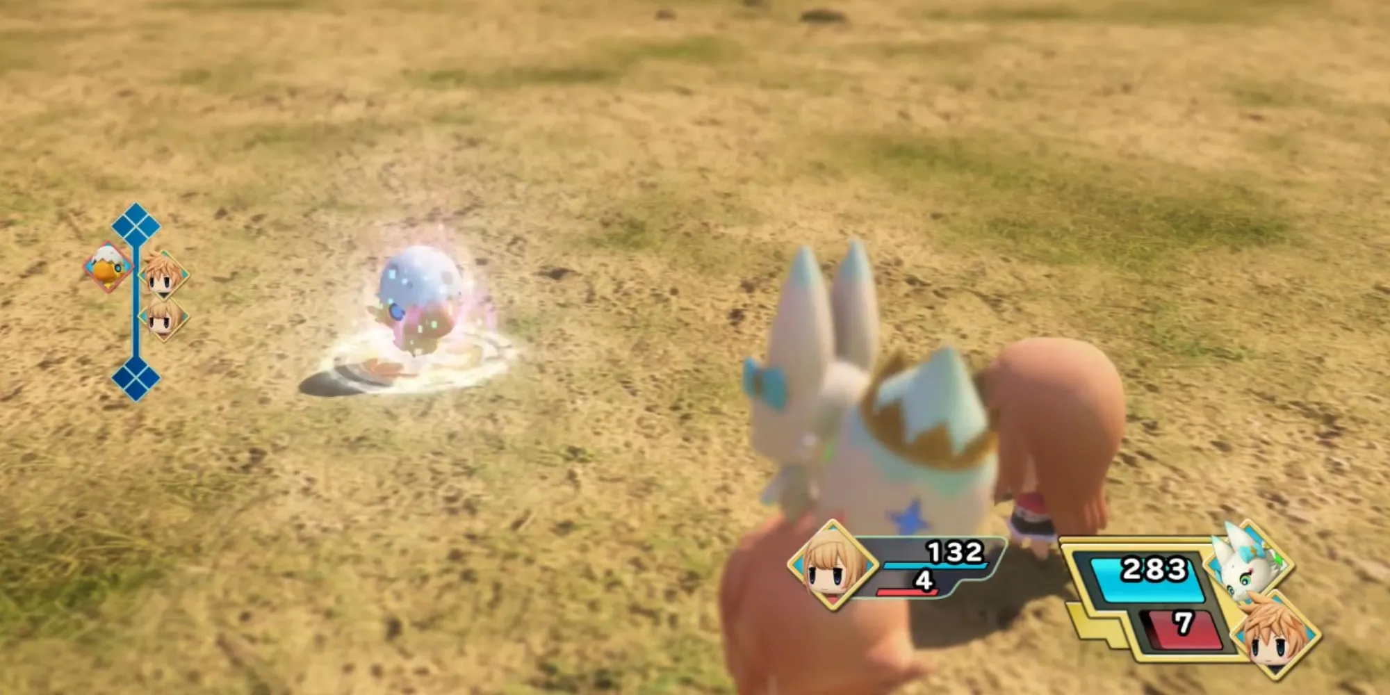 Các nhân vật chibi trong World of Final Fantasy xếp chồng Mirage lên nhau trong trận chiến với hệ thống ATB độc đáo.