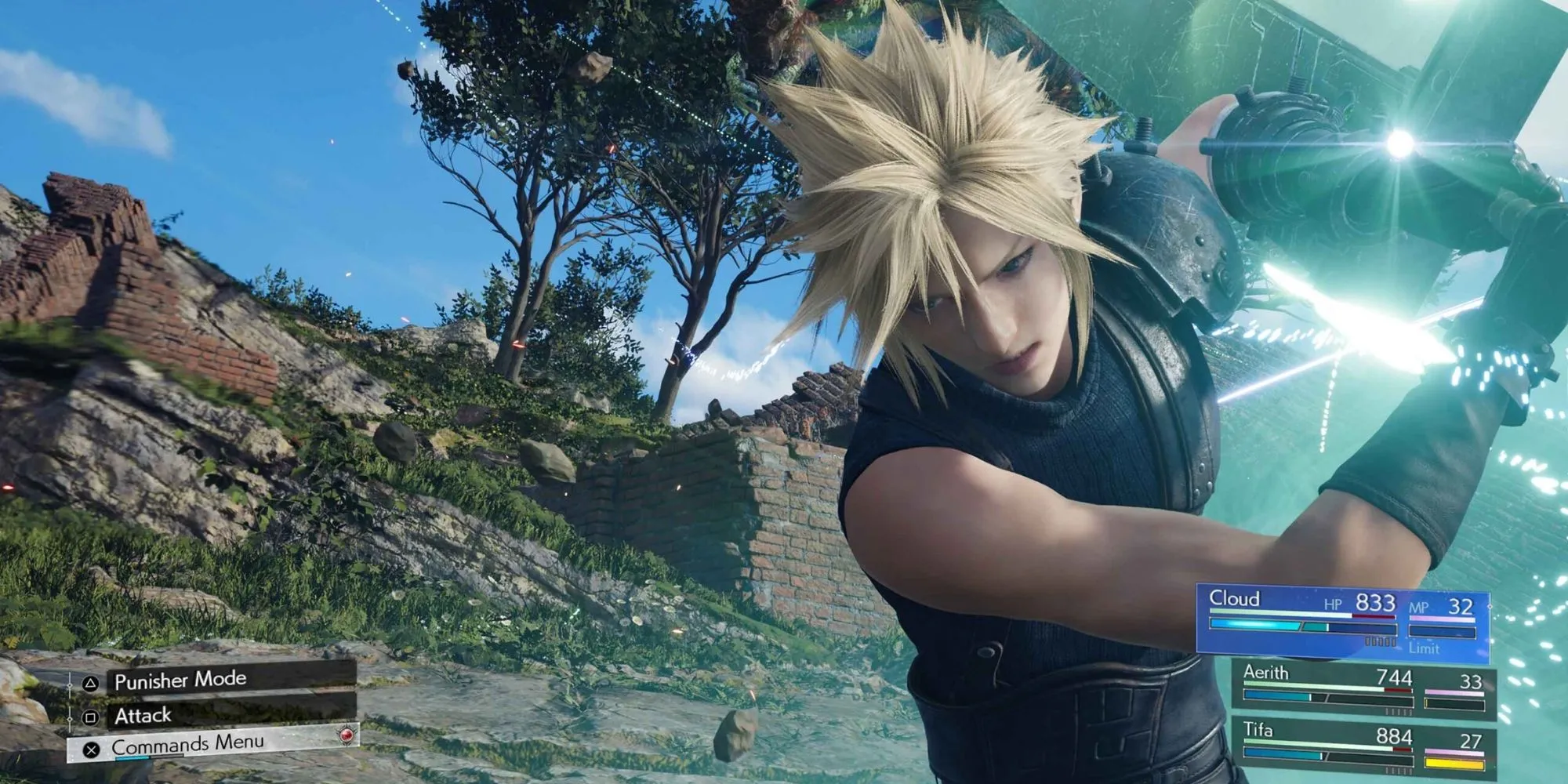 Cloud và đồng đội trong Final Fantasy VII Rebirth chiến đấu với quái vật, thể hiện hệ thống ATB hành động kết hợp Synergy Abilities.