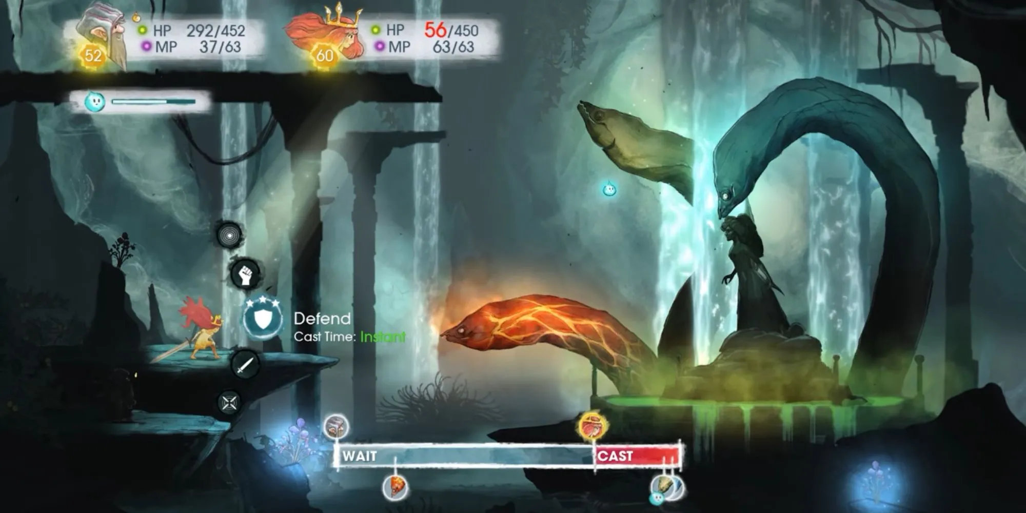Công chúa Aurora và Igniculus trong Child of Light đối đầu kẻ thù với hệ thống chiến đấu ATB và cơ chế làm chậm độc đáo.