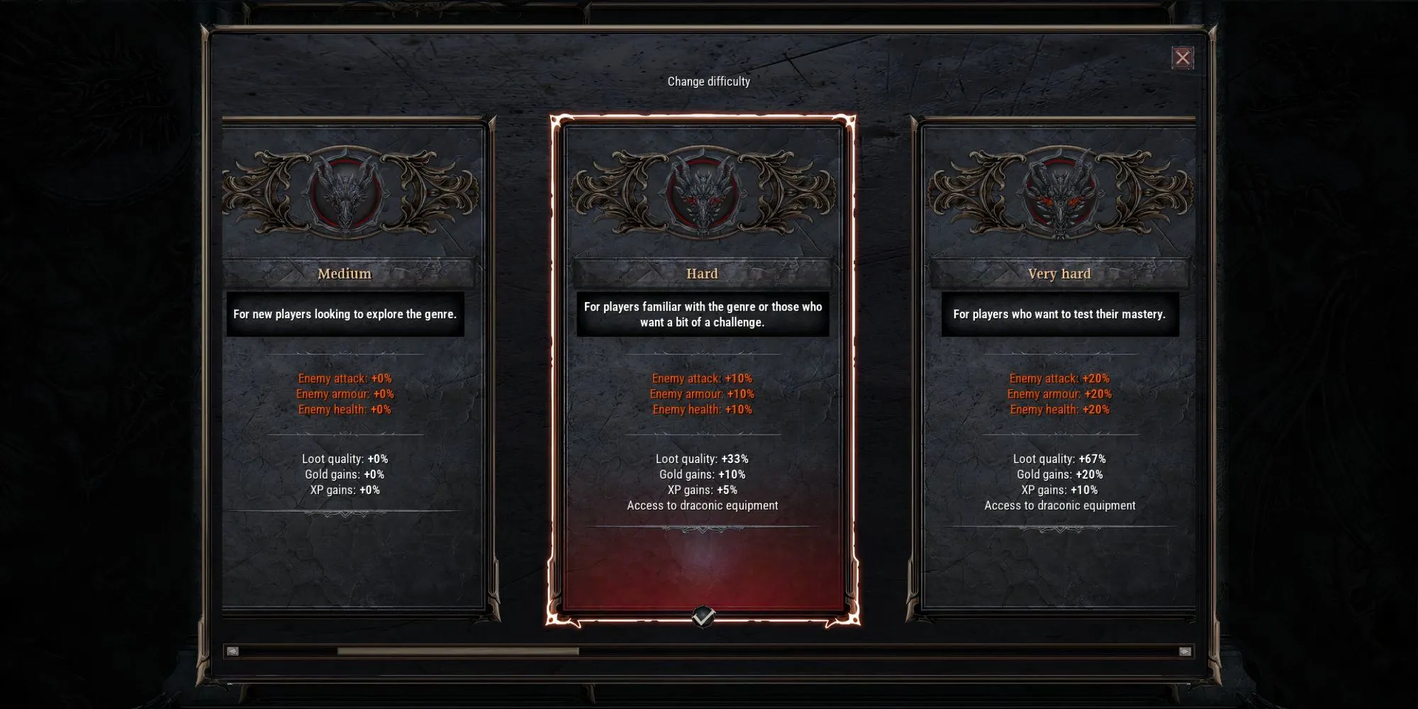 Giao diện lựa chọn các mức độ khó đa dạng trong game Dragonkin The Banished
