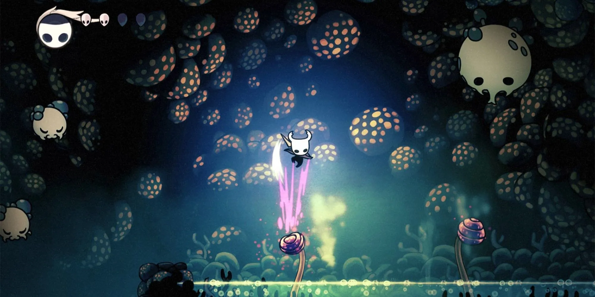 Hiệp sĩ nhỏ bé trong Hollow Knight nhảy trên một cái cây trong thế giới côn trùng.