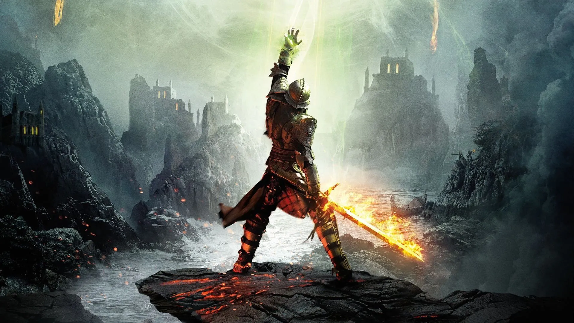 Hình nền game Dragon Age Inquisition với các nhân vật chính và rồng