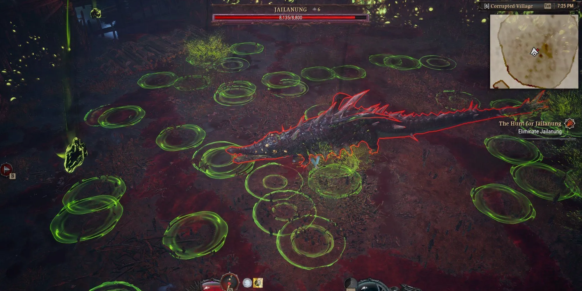 Jailanung tạo ra cơn mưa axit với các vòng tròn cảnh báo trên mặt đất trong Dragonkin: The Banished.