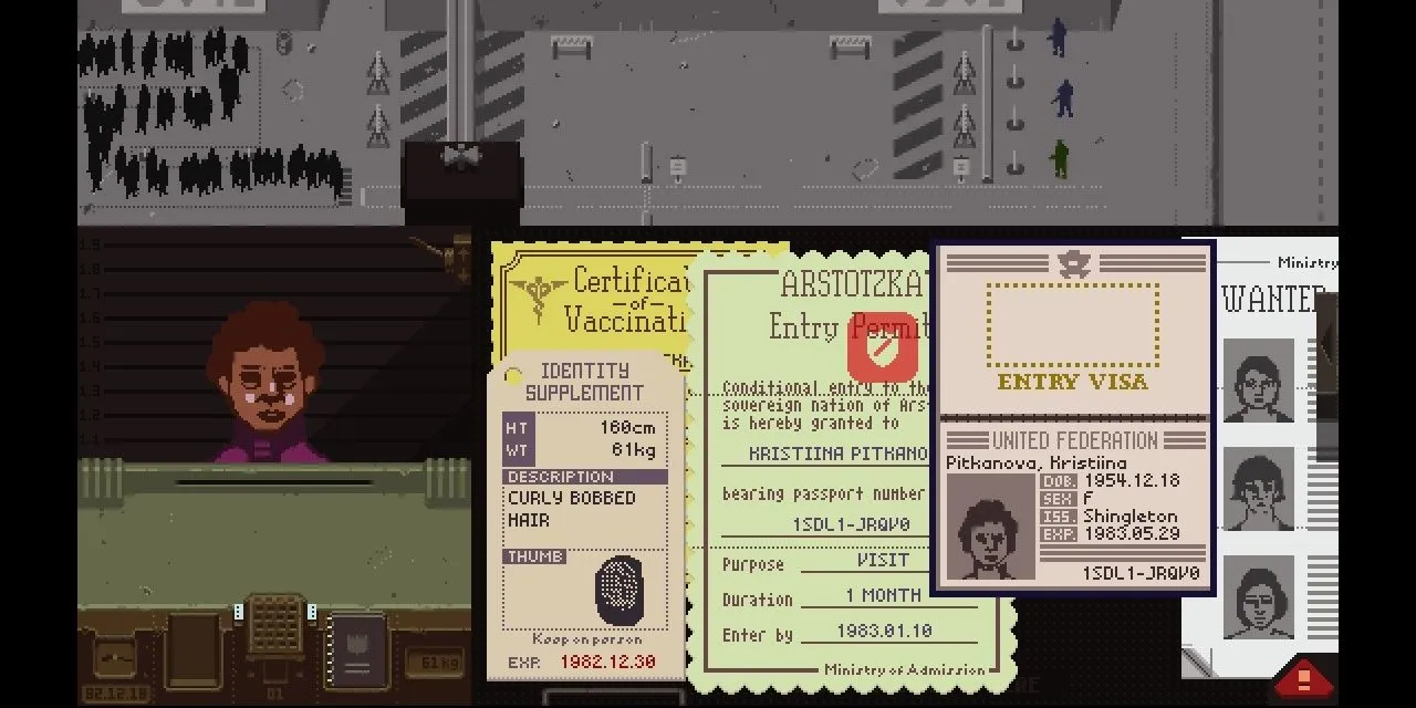 Kiểm tra giấy tờ tùy thân tại cửa khẩu Arstotzka trong game Papers, Please