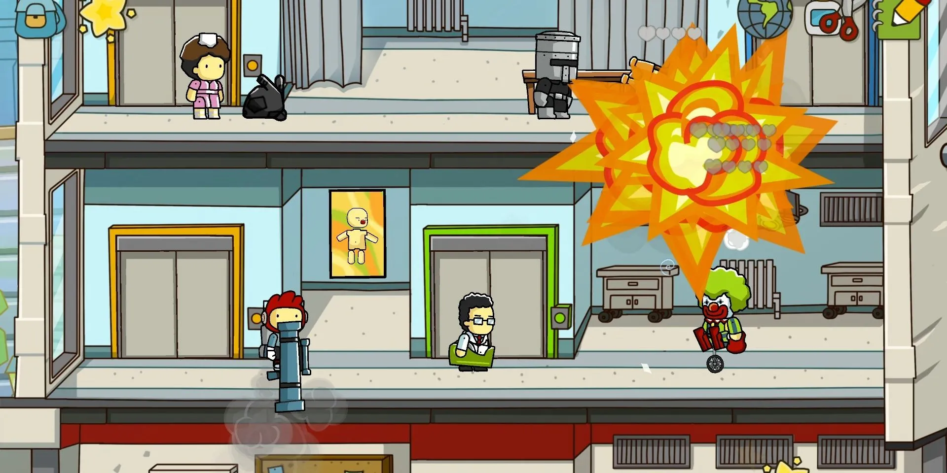 Maxwell trong Scribblenauts Unlimited dùng súng phóng tên lửa vào một chú hề