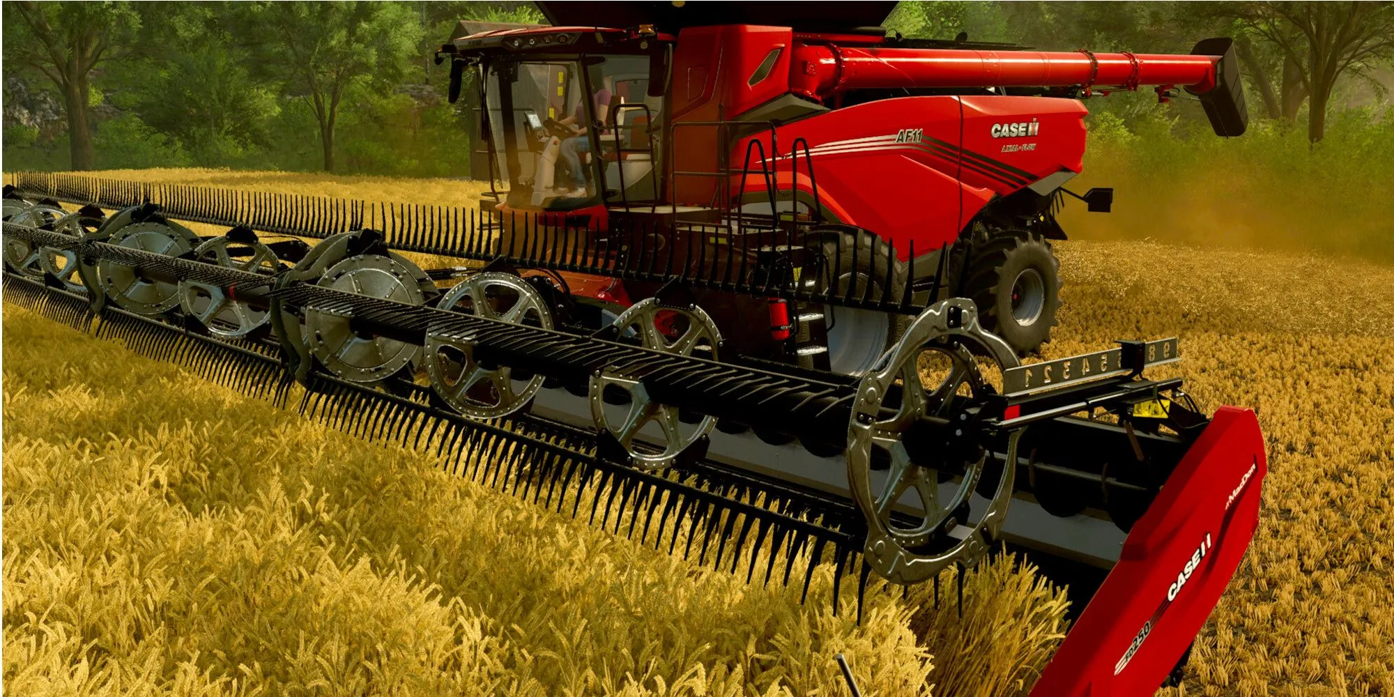 Máy kéo đỏ đang thu hoạch ngũ cốc trong Farming Simulator 25