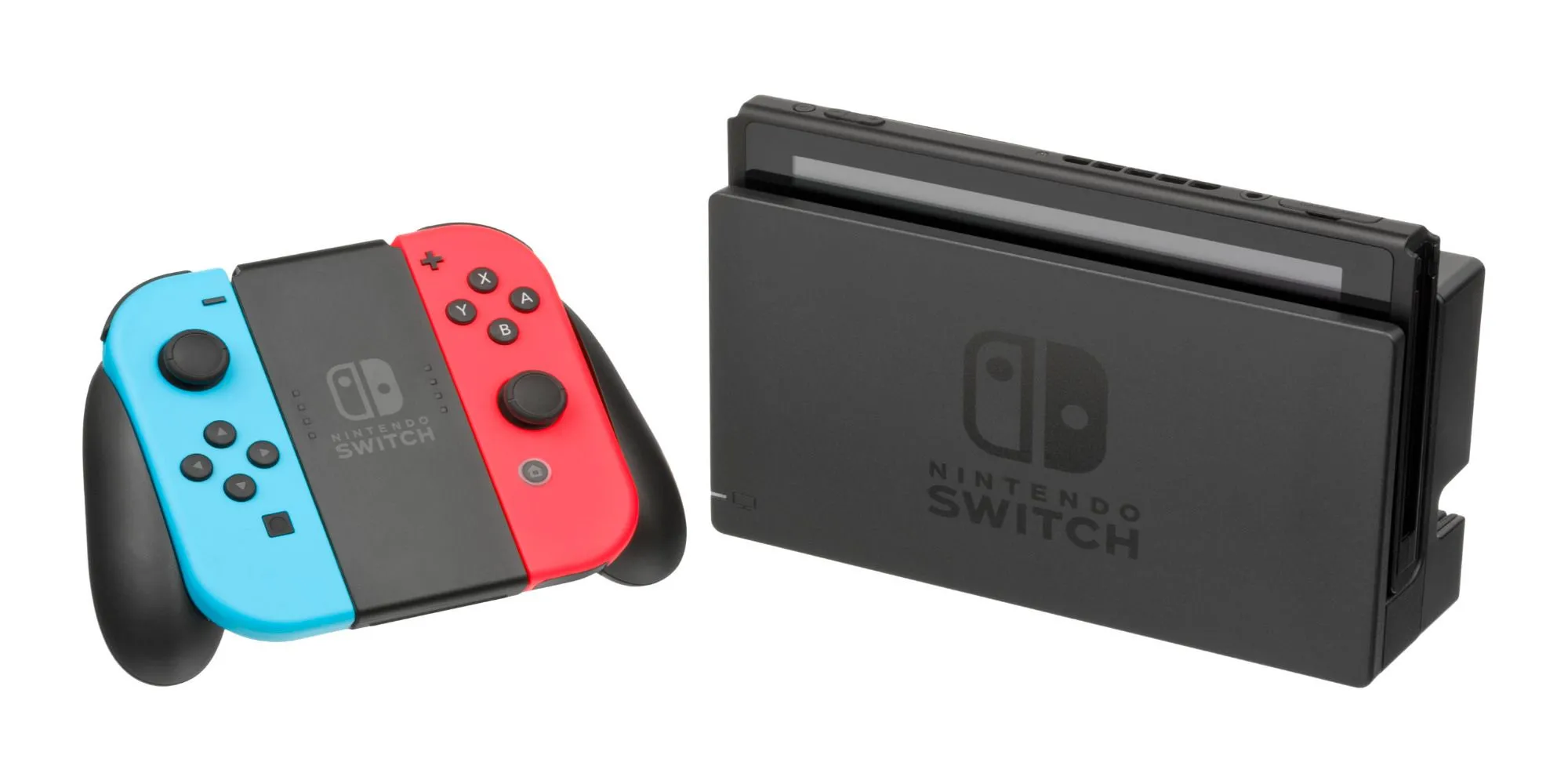 Nintendo: Từ Wii U Thất Bại Đến Switch Vinh Quang và Cái Giá Phải Trả 1 Một tay cầm Nintendo Switch màu đỏ và xanh dương bên cạnh máy console đã được cắm vào dock trên nền trắng.