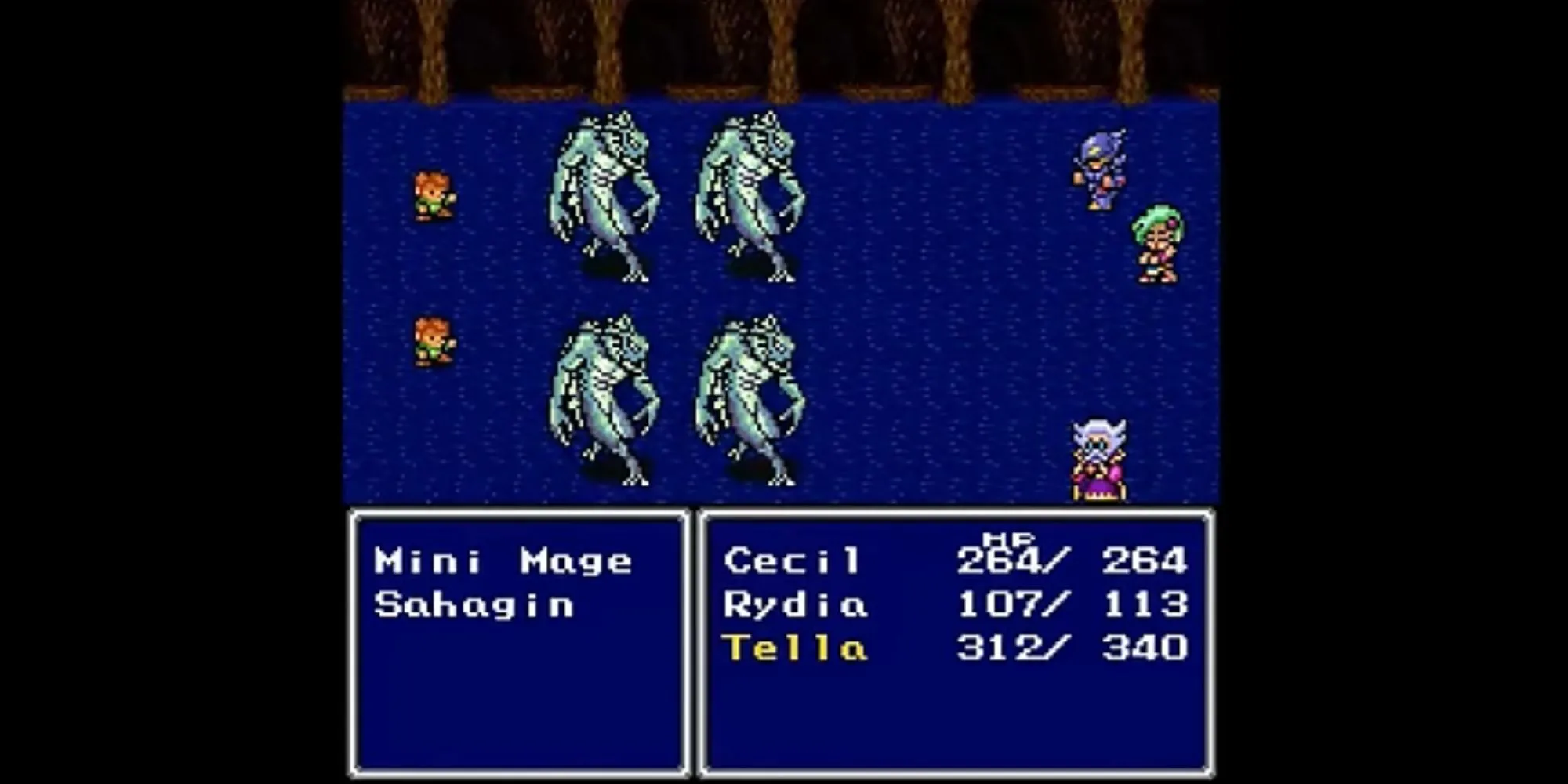 Một trận chiến trong Final Fantasy IV với các nhân vật Cecil, Rosa và Cid đối đầu quái vật, thể hiện giao diện ATB sơ khai.