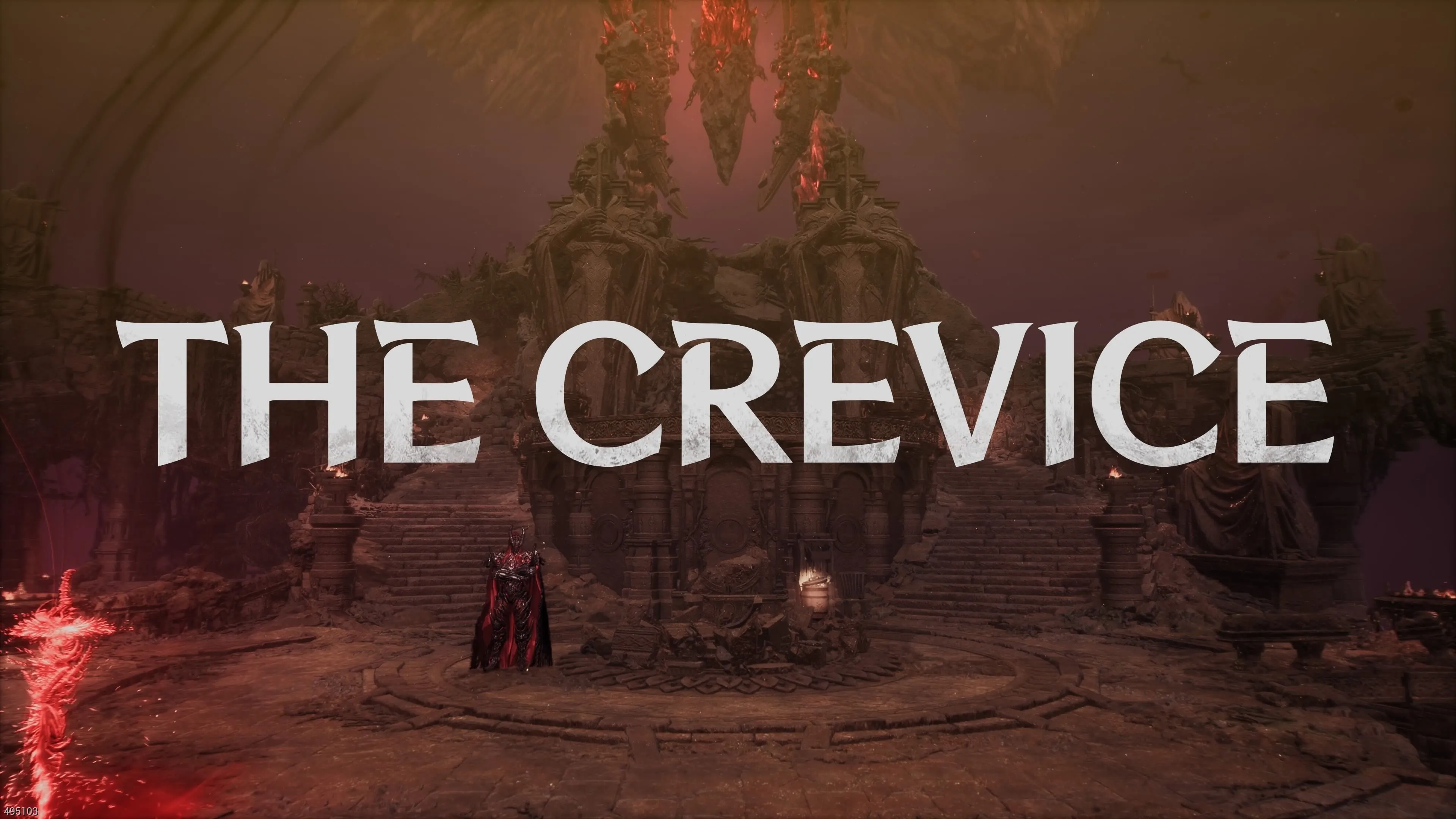 Nhân vật Khazan đứng tại The Crevice, khu vực hub trong game