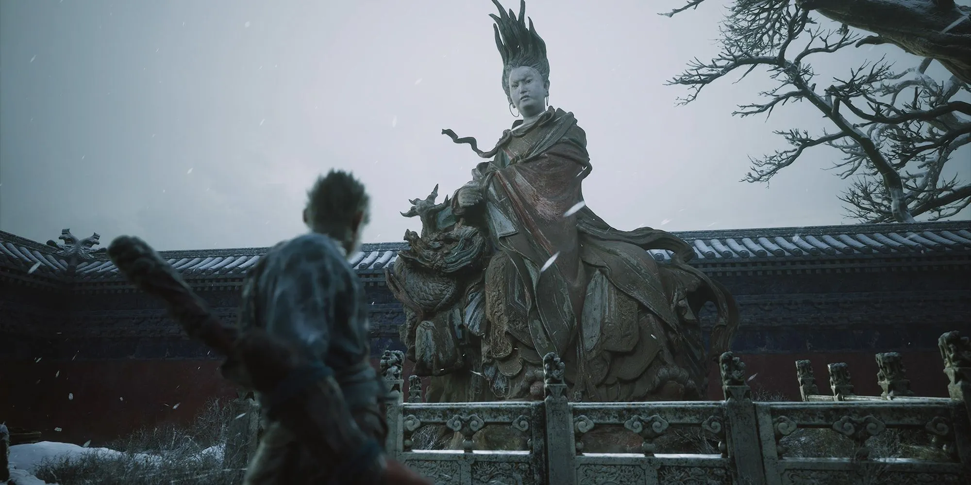 Nhân vật Tôn Ngộ Không trong Black Myth Wukong chiêm ngưỡng tượng đá, minh họa cho quy mô và chất lượng AAA của game