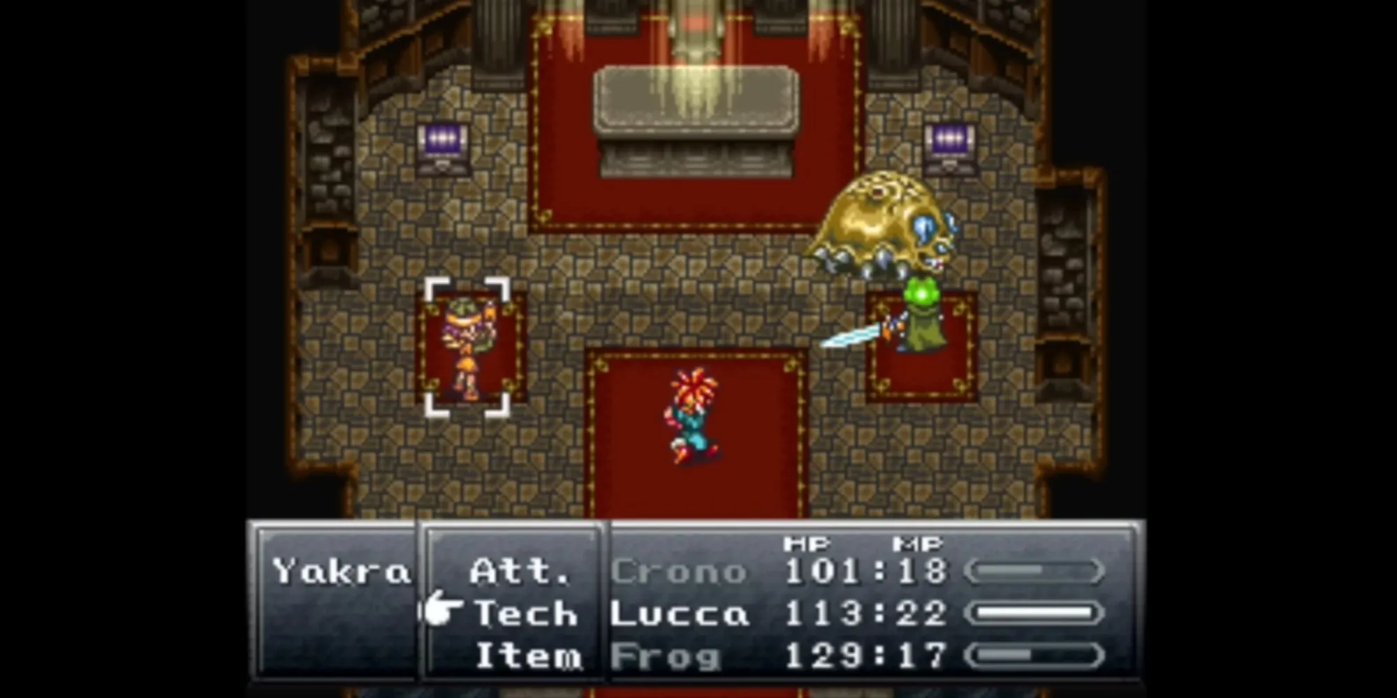 Nhóm nhân vật Crono, Marle và Lucca trong Chrono Trigger thực hiện một Triple Tech trong trận chiến ATB đầy màu sắc.