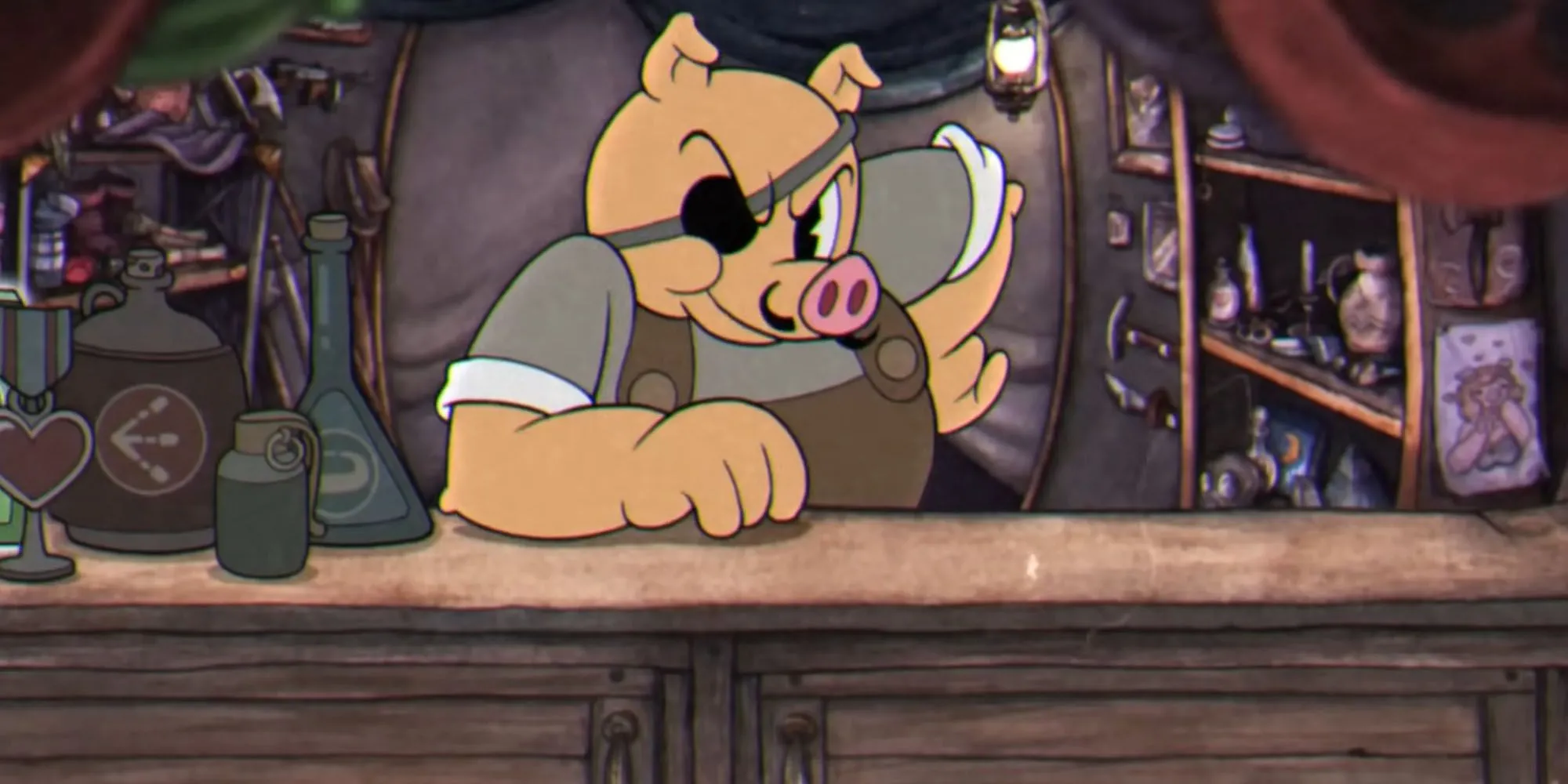 Porkrind, chủ cửa hàng hình heo với miếng vá mắt trong Cuphead
