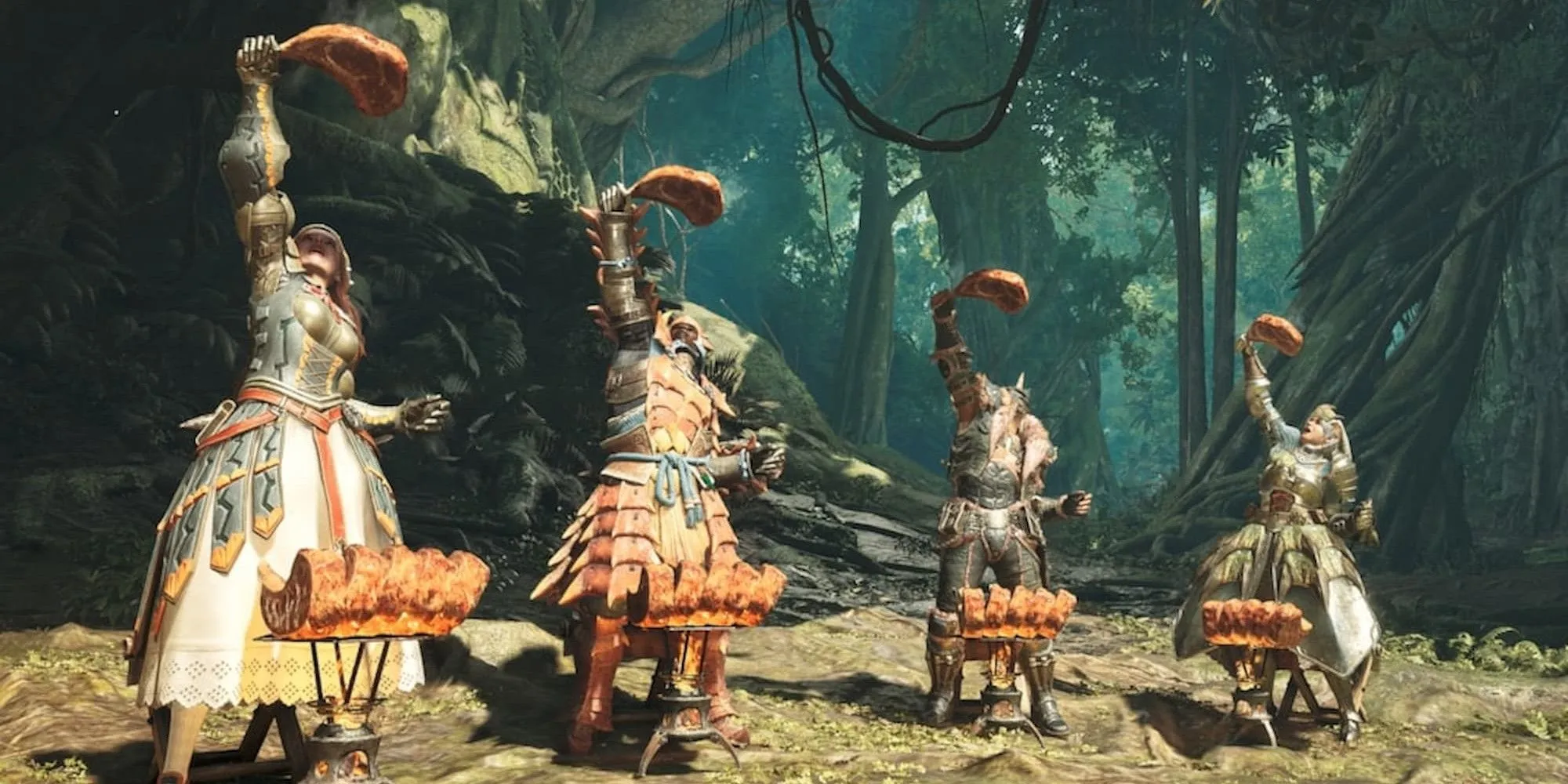 Sử dụng bếp nướng BBQ di động để chế biến thức ăn trong Monster Hunter Wilds