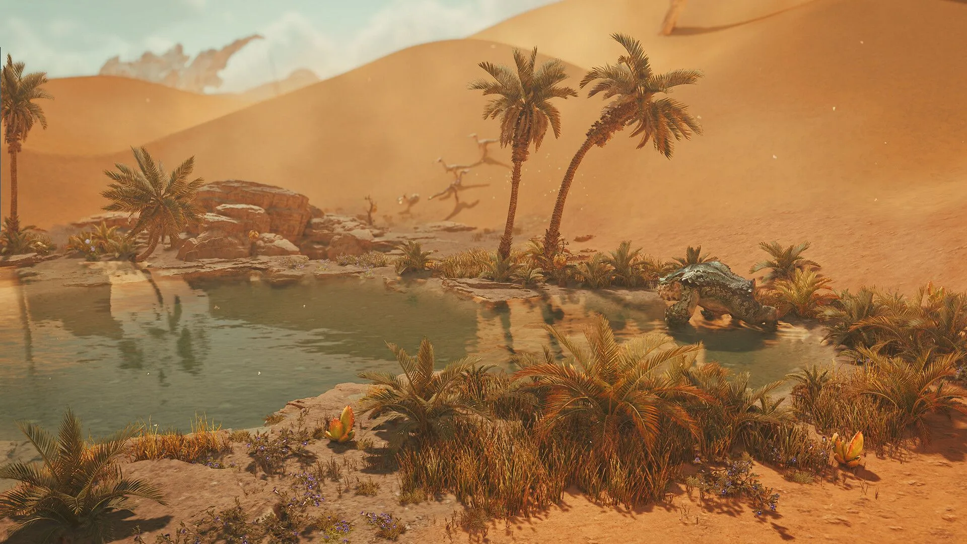 Thợ săn di chuyển trên thú cưỡi Seikret qua vùng đất trong Monster Hunter Wilds