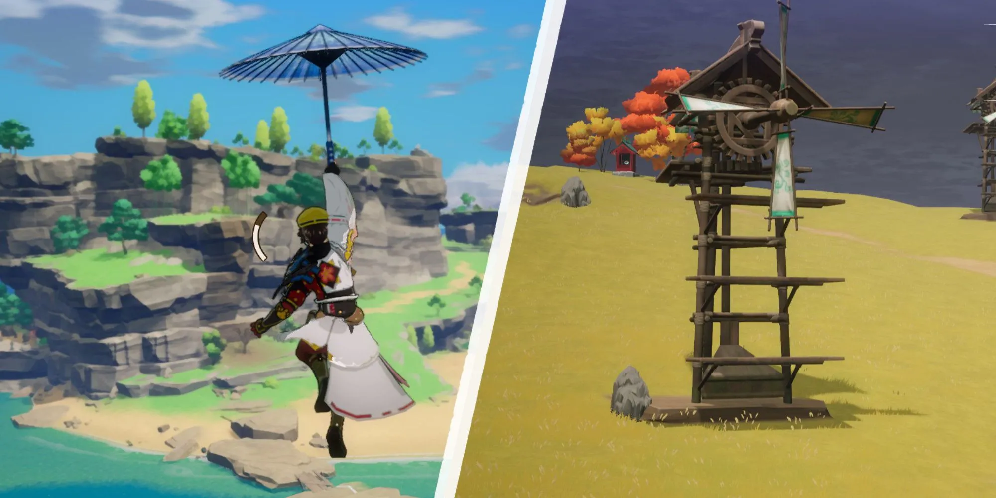 Nhân vật chính dùng dù lượn và leo lên cối xay gió khi khám phá trong Rune Factory Guardians of Azuma