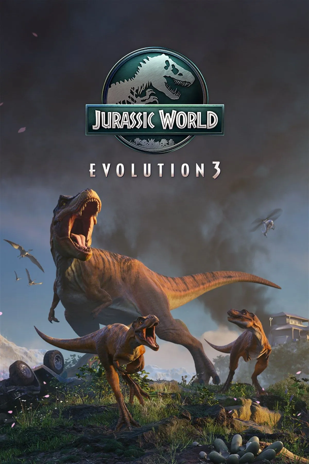 Ảnh bìa chính thức của game Jurassic World Evolution 3, thể hiện quy mô và bối cảnh công viên khủng long