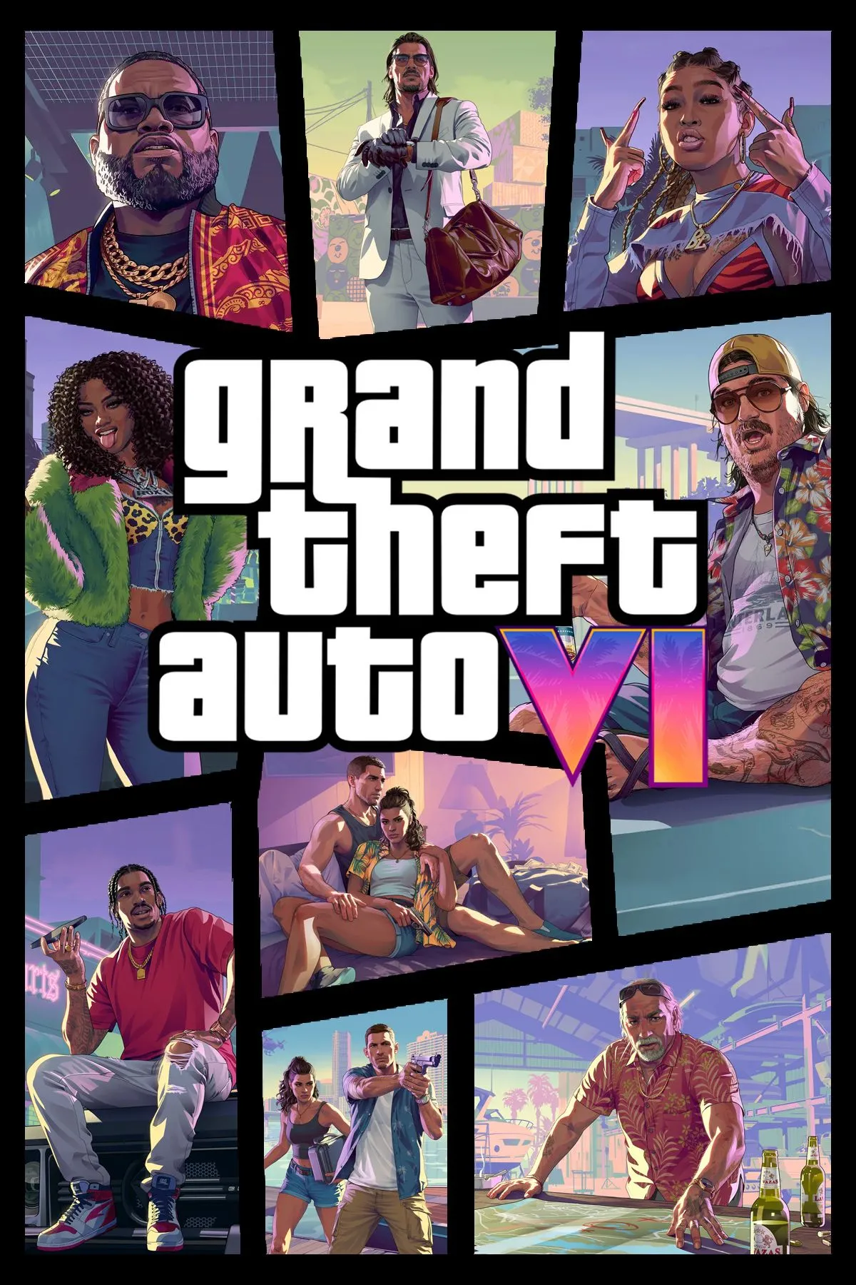 Ảnh bìa chính thức Grand Theft Auto 6 với logo game và bối cảnh thành phố Vice City về đêm, thể hiện đồ họa thế hệ mới.