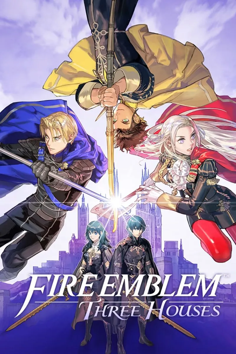 Ảnh bìa Fire Emblem: Three Houses với các nhân vật chính của ba nhà, biểu tượng cho cốt truyện sâu sắc và lựa chọn đa dạng