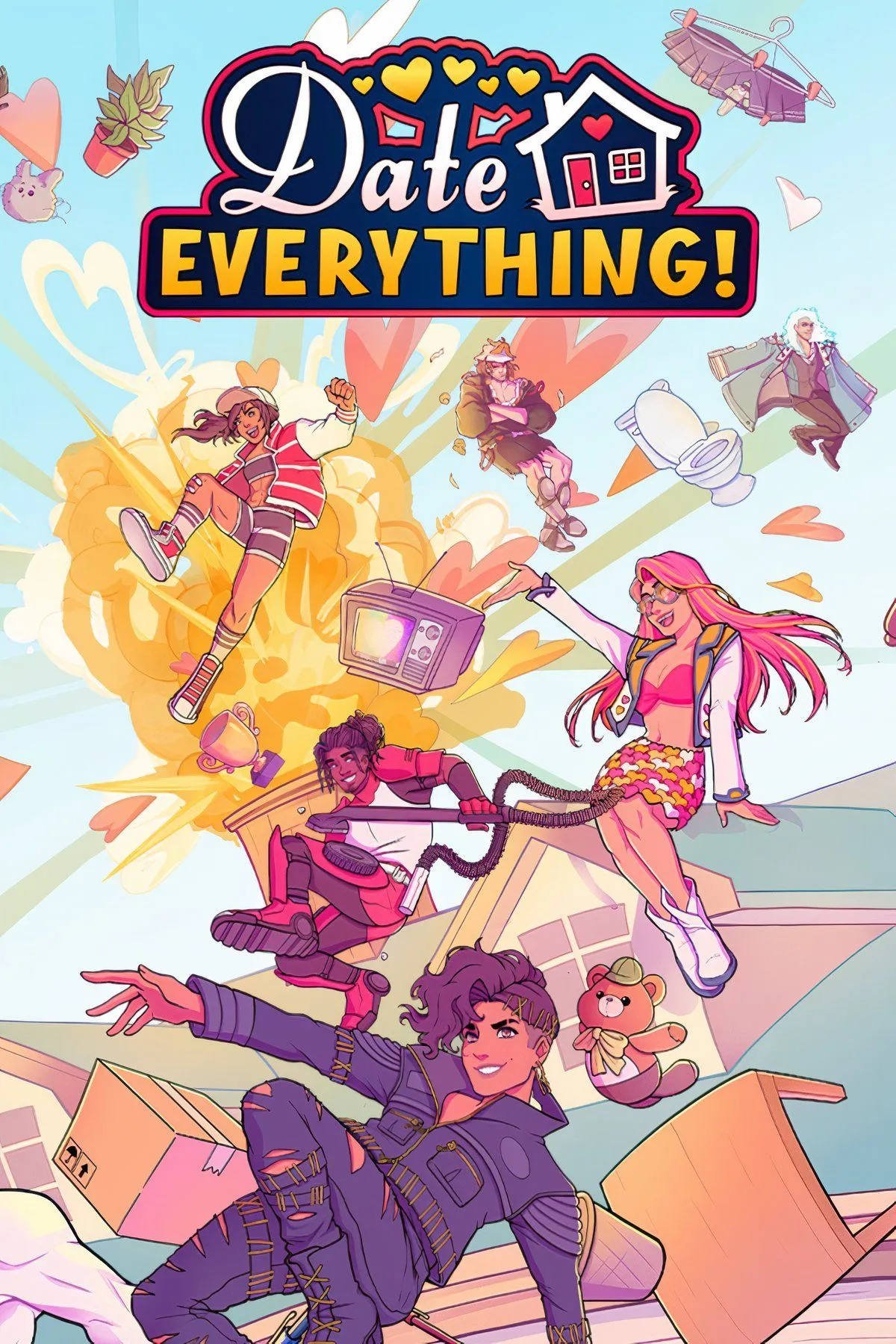 Ảnh bìa game Date Everything! với các nhân vật hình người từ vật vô tri như tủ lạnh và máy bán hàng, thể hiện sự độc đáo của game hẹn hò này