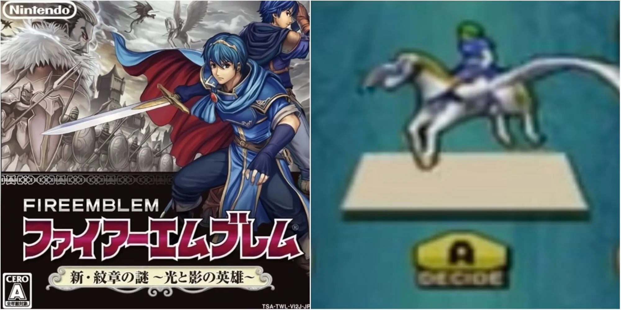 Ảnh bìa game Fire Emblem: New Mystery Of The Emblem và hình ảnh kỵ sĩ Pegasus