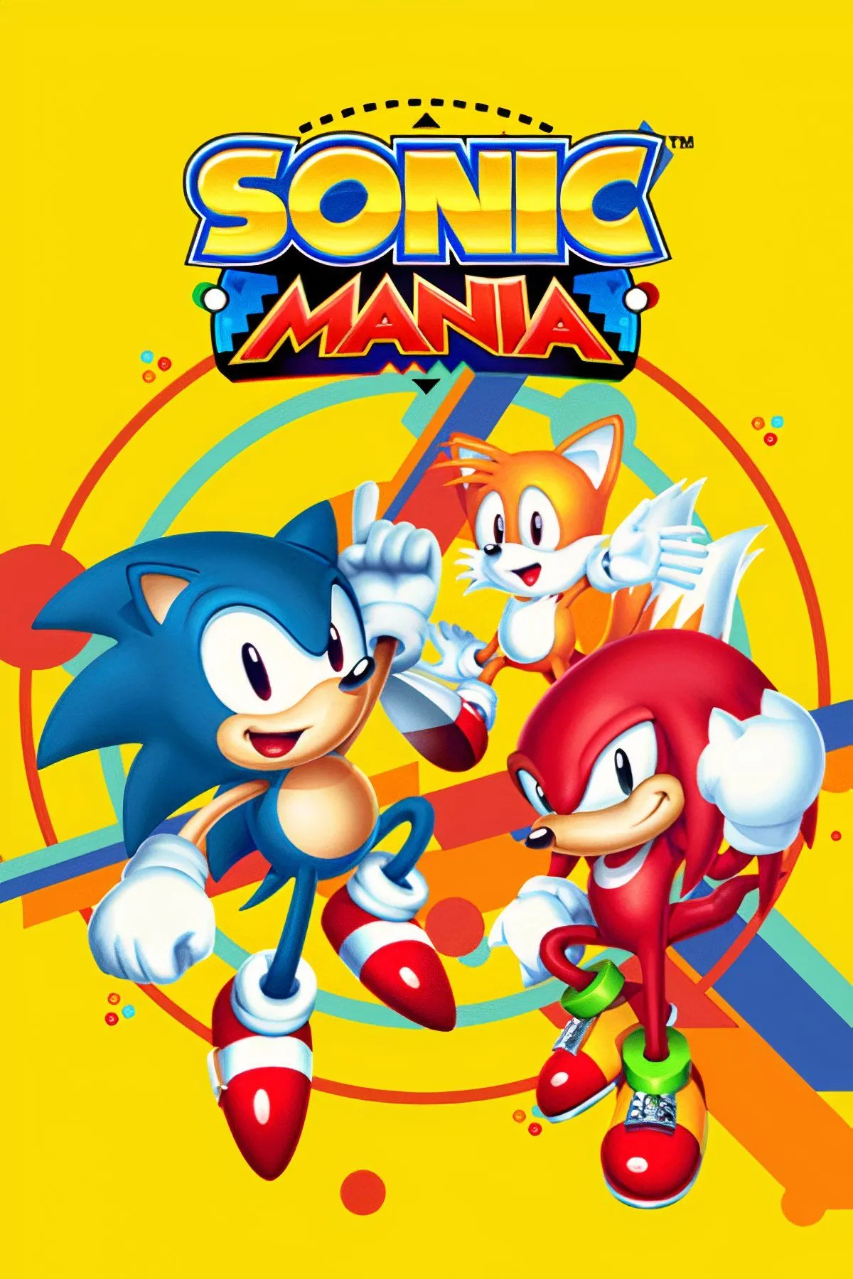 Ảnh bìa game Sonic Mania với Sonic, Tails và Knuckles trong phong cách đồ họa pixel art cổ điển