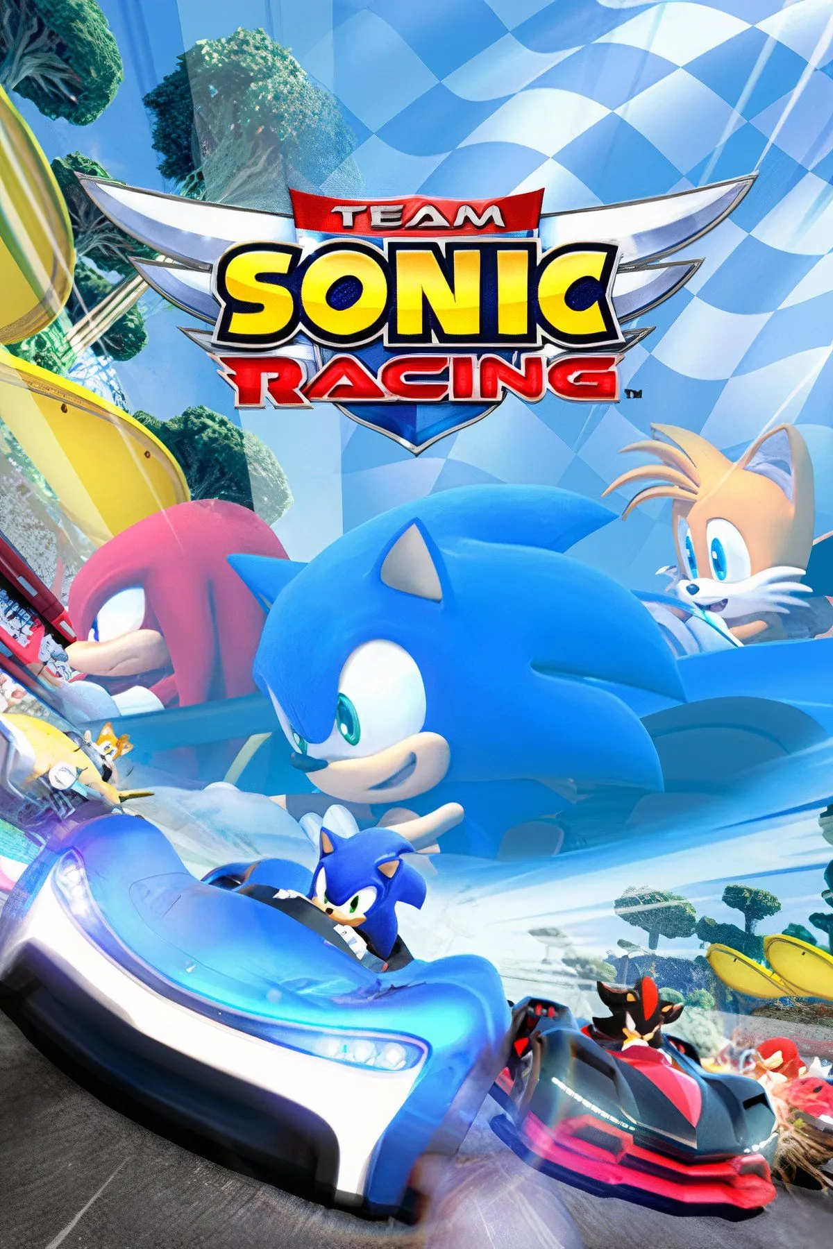 Ảnh bìa game Team Sonic Racing với Sonic, Tails và Knuckles cùng các nhân vật khác đang đua trên đường