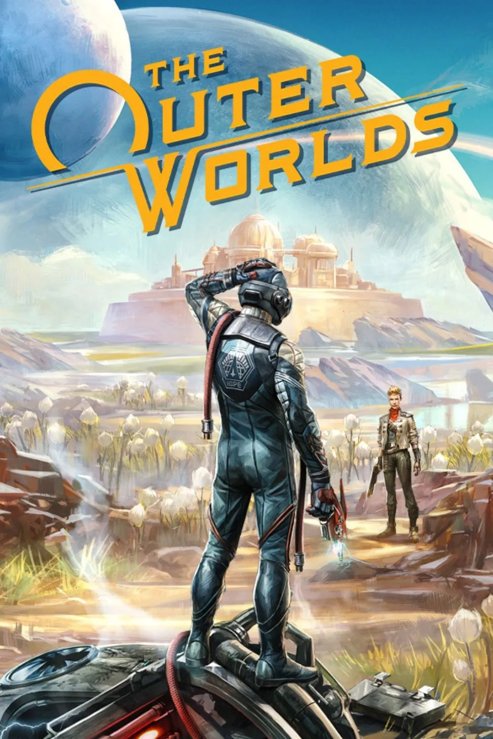 Ảnh bìa game The Outer Worlds, giới thiệu phong cách khoa học viễn tưởng và các hành tinh để khám phá.