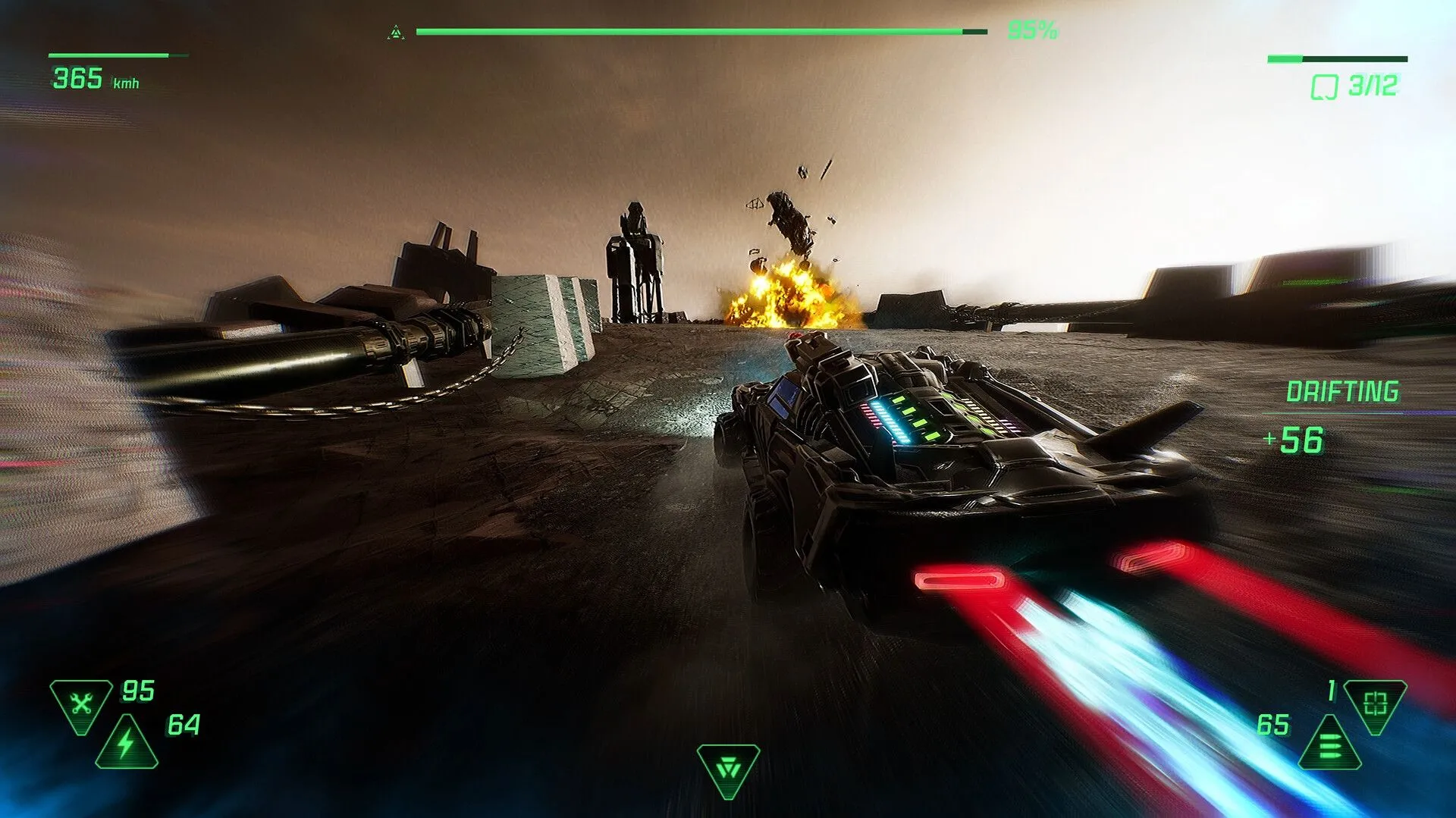 Ảnh chụp màn hình Fatal Run 2089 thể hiện cảnh đua xe trong môi trường hậu tận thế