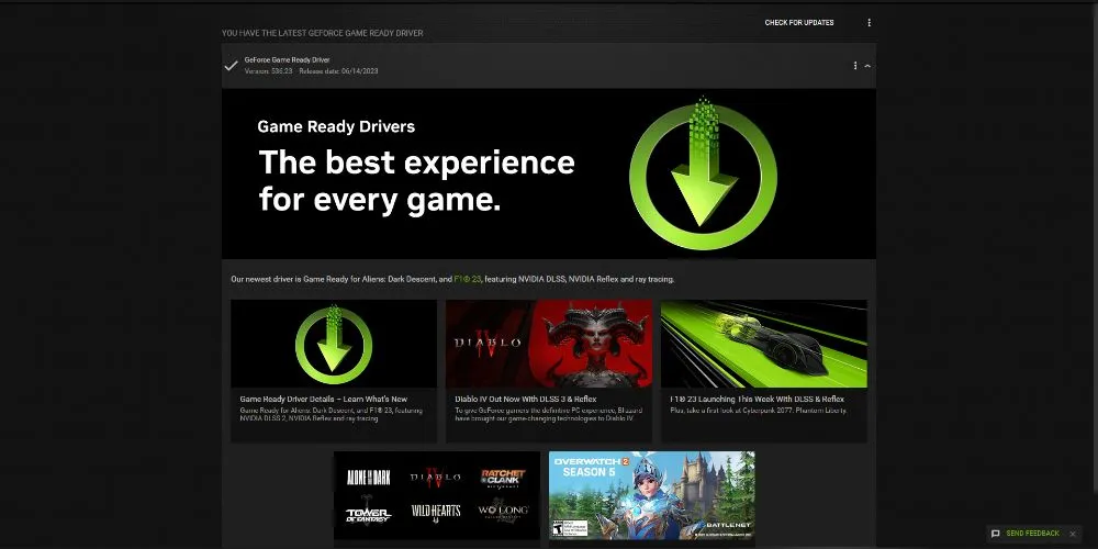 Ảnh chụp màn hình phần mềm NVIDIA GeForce Experience đang hiển thị tùy chọn cập nhật driver đồ họa
