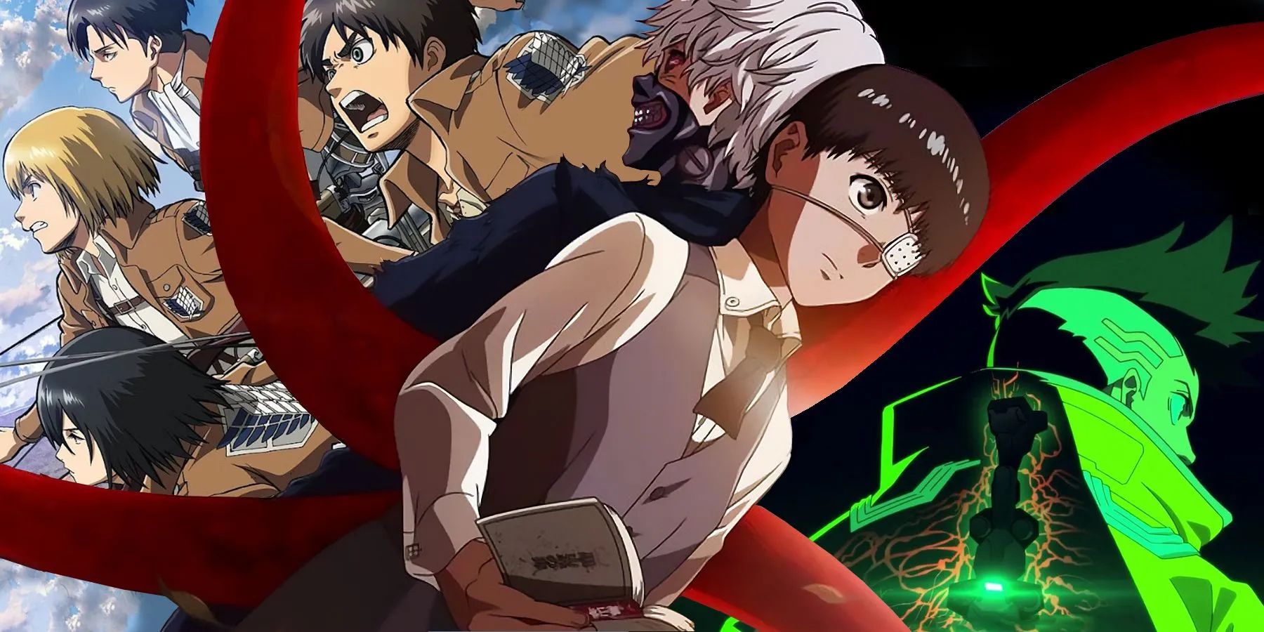 Ảnh minh họa anime hành động Cyberpunk Edgerunners, Tokyo Ghoul và Attack on Titan