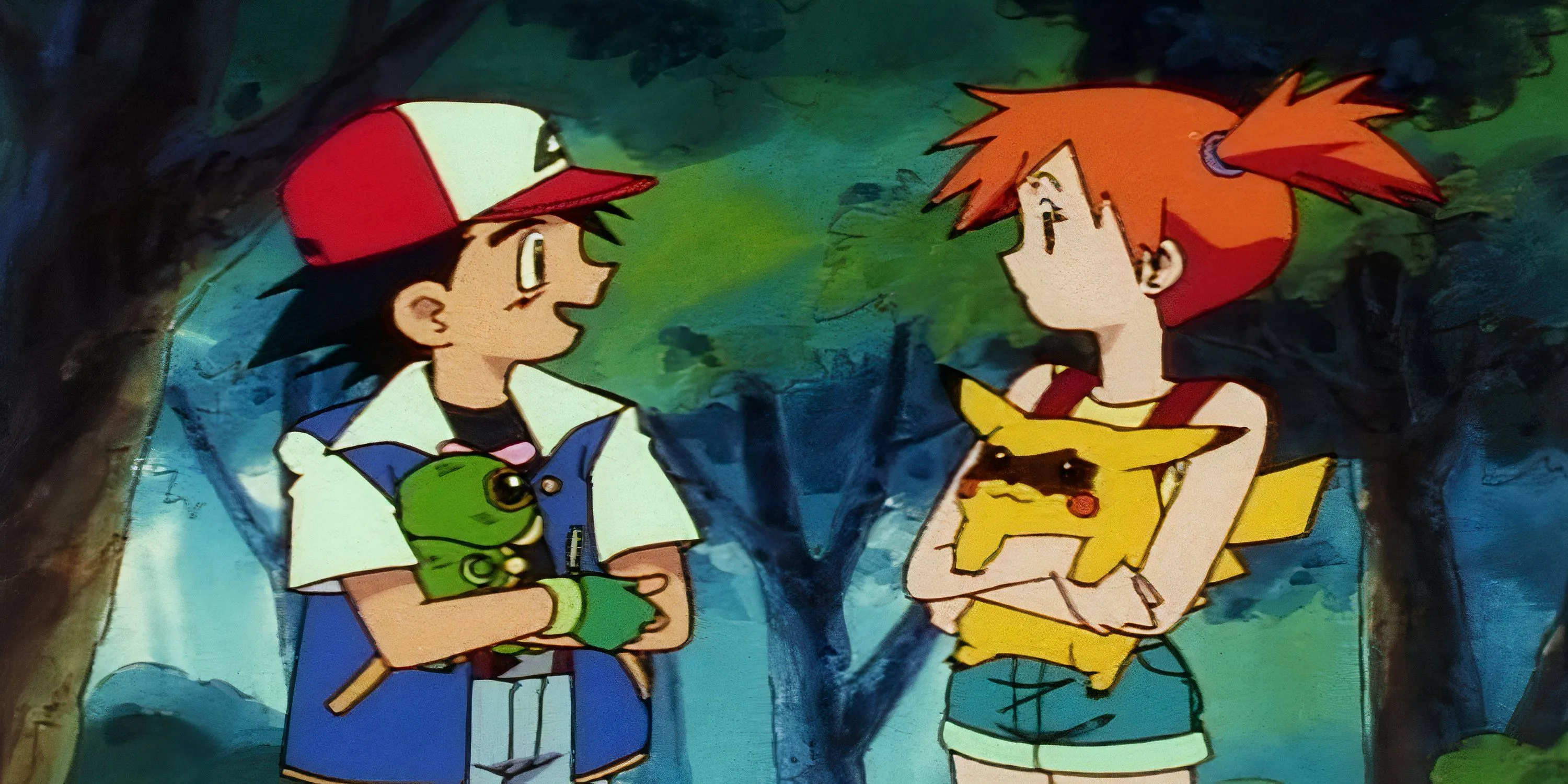 Ash Ketchum cầm Caterpie và Misty ôm Pikachu, minh họa cho việc bắt và trao đổi Pokemon.
