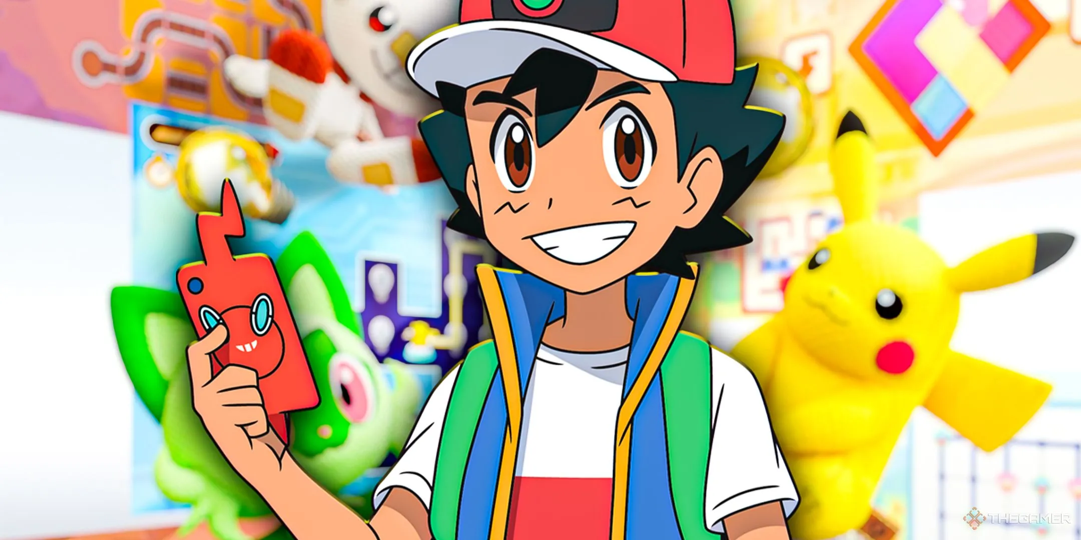 Ash Ketchum cùng bạn bè Pokemon mỉm cười, tượng trưng cho trải nghiệm game thẻ bài kỹ thuật số Pokemon TCG Live.