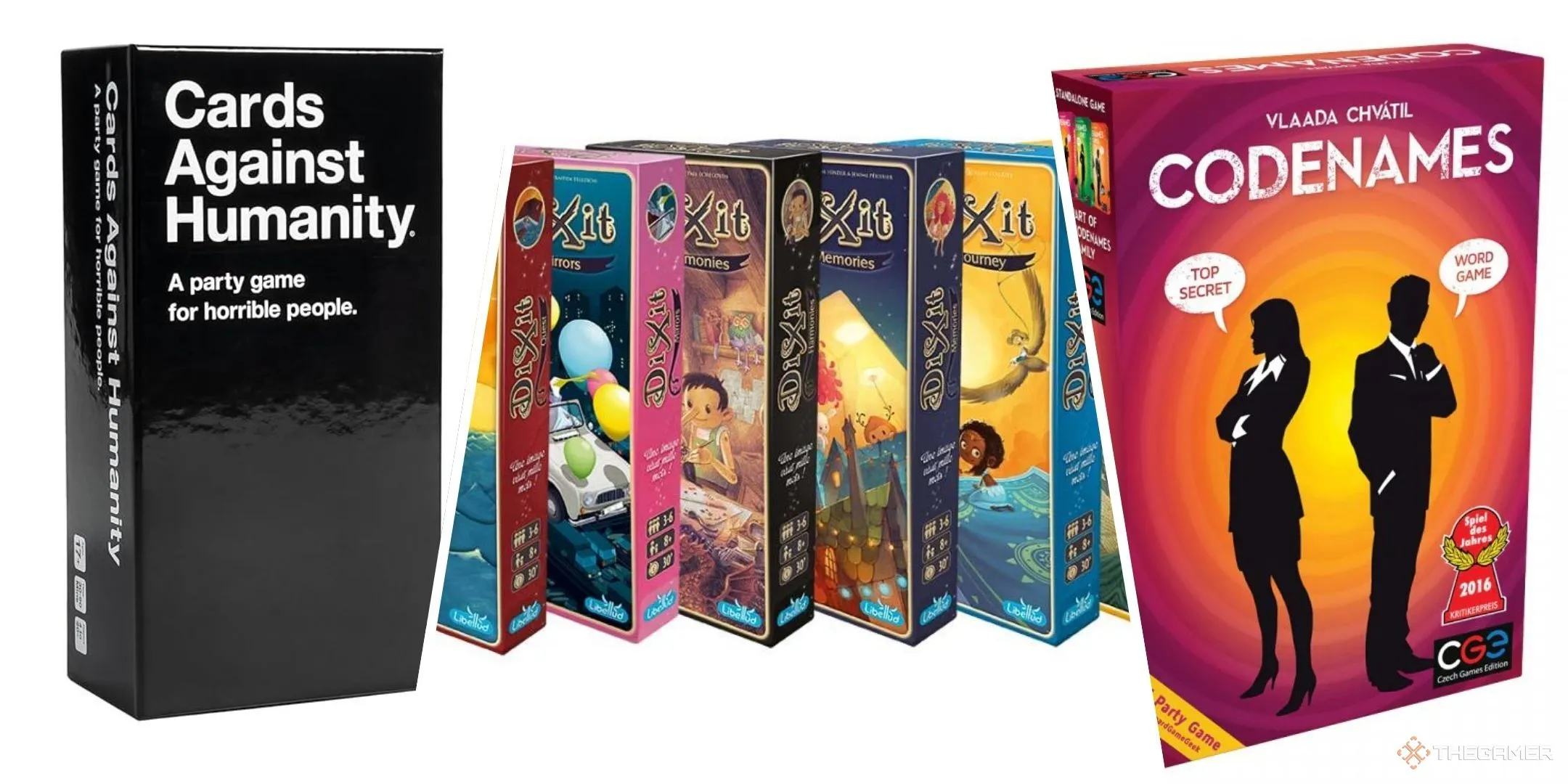 Ba board game phổ biến: Cards Against Humanity, Dixit và Codenames xếp cạnh nhau