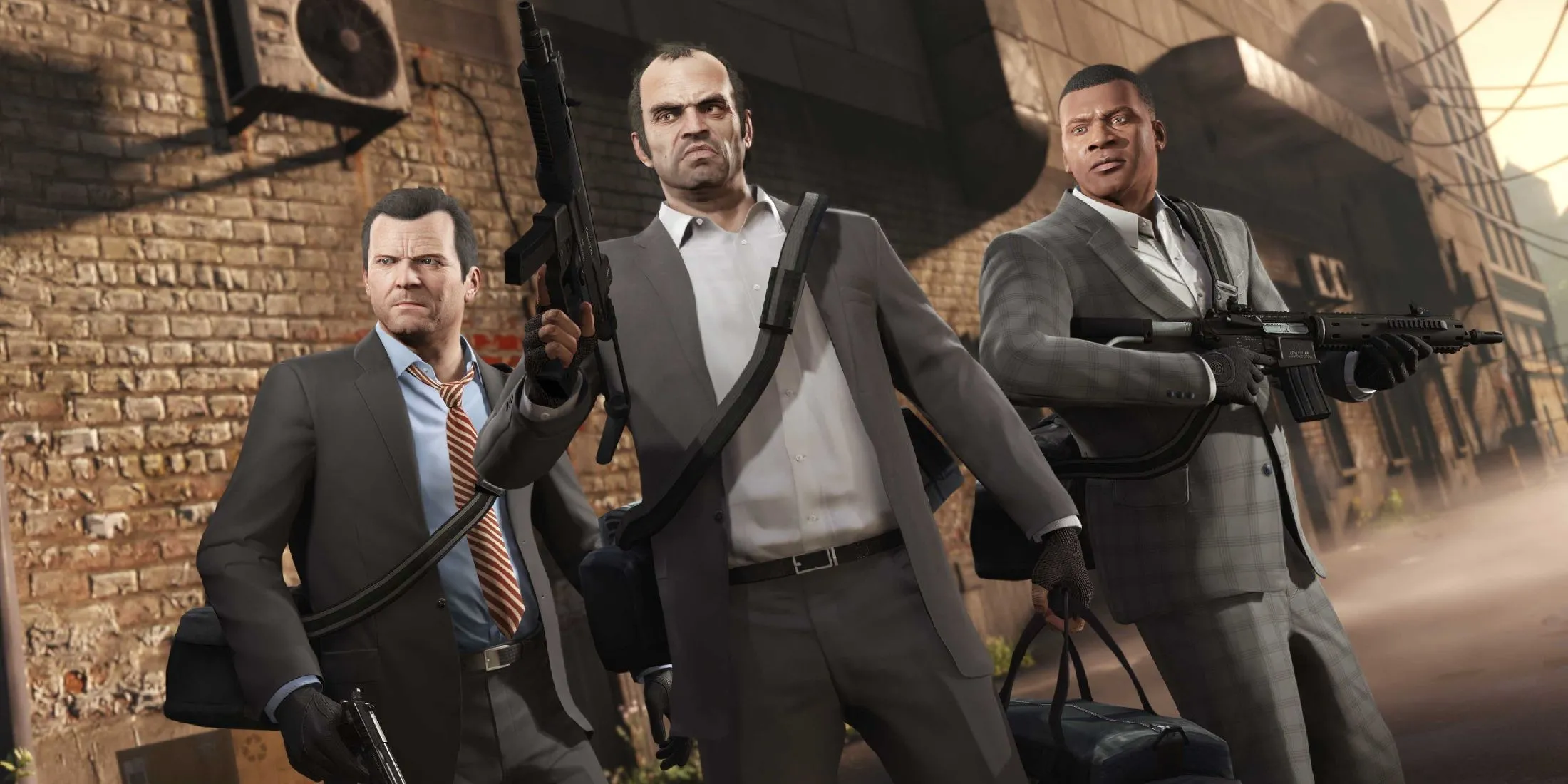 Ba nhân vật chính Michael, Trevor và Franklin trong một cảnh cutscene của Grand Theft Auto 5.