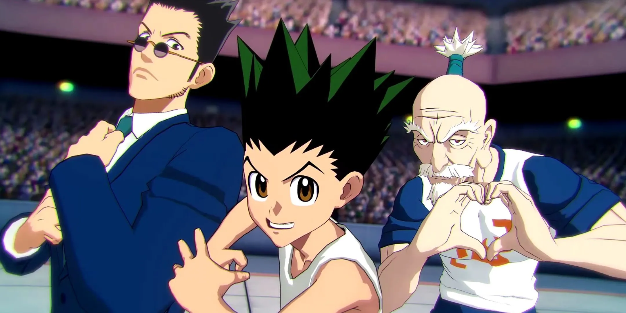 Ba nhân vật Leorio, Gon và Isaac chiến đấu kịch liệt trên đấu trường trong Hunter x Hunter: Nen x Impact