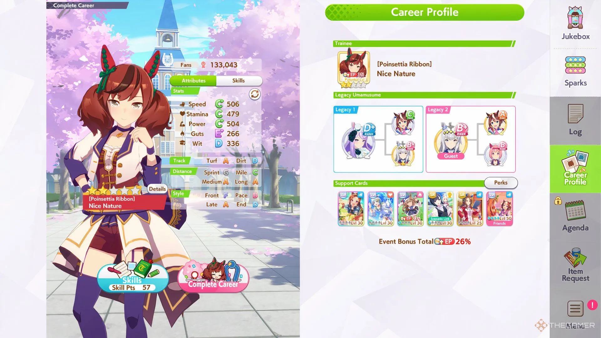 Bảng chỉ số Nice Nature trong Umamusume Pretty Derby, ưu tiên Speed, Stamina, Power và tối ưu Wit cho hiệu suất đua đường dài.