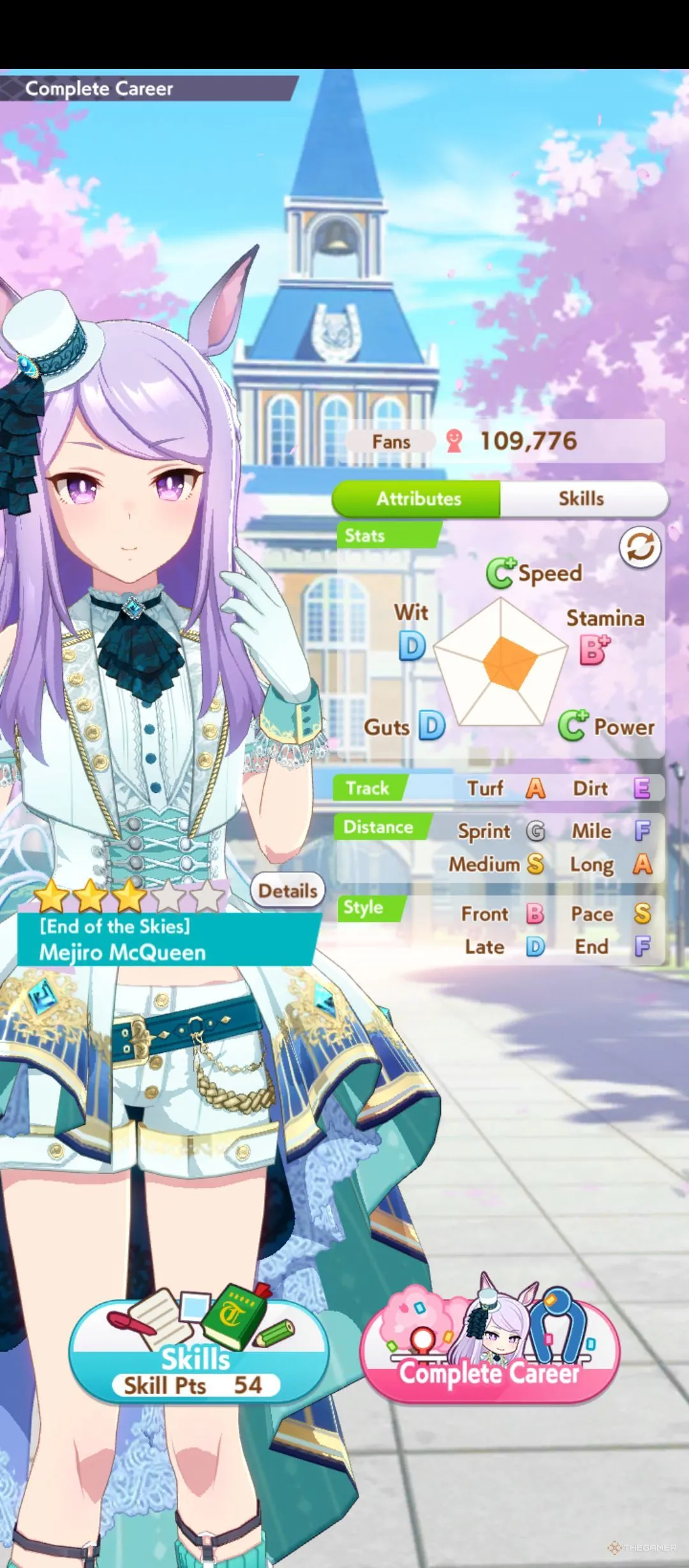 Bảng chỉ số và ưu tiên huấn luyện cho Mejiro McQueen phiên bản End of The Skies trong game Umamusume Pretty Derby, hiển thị các chỉ số Tốc Độ, Thể Lực, Sức Mạnh, Ý Chí và Trí Lực.