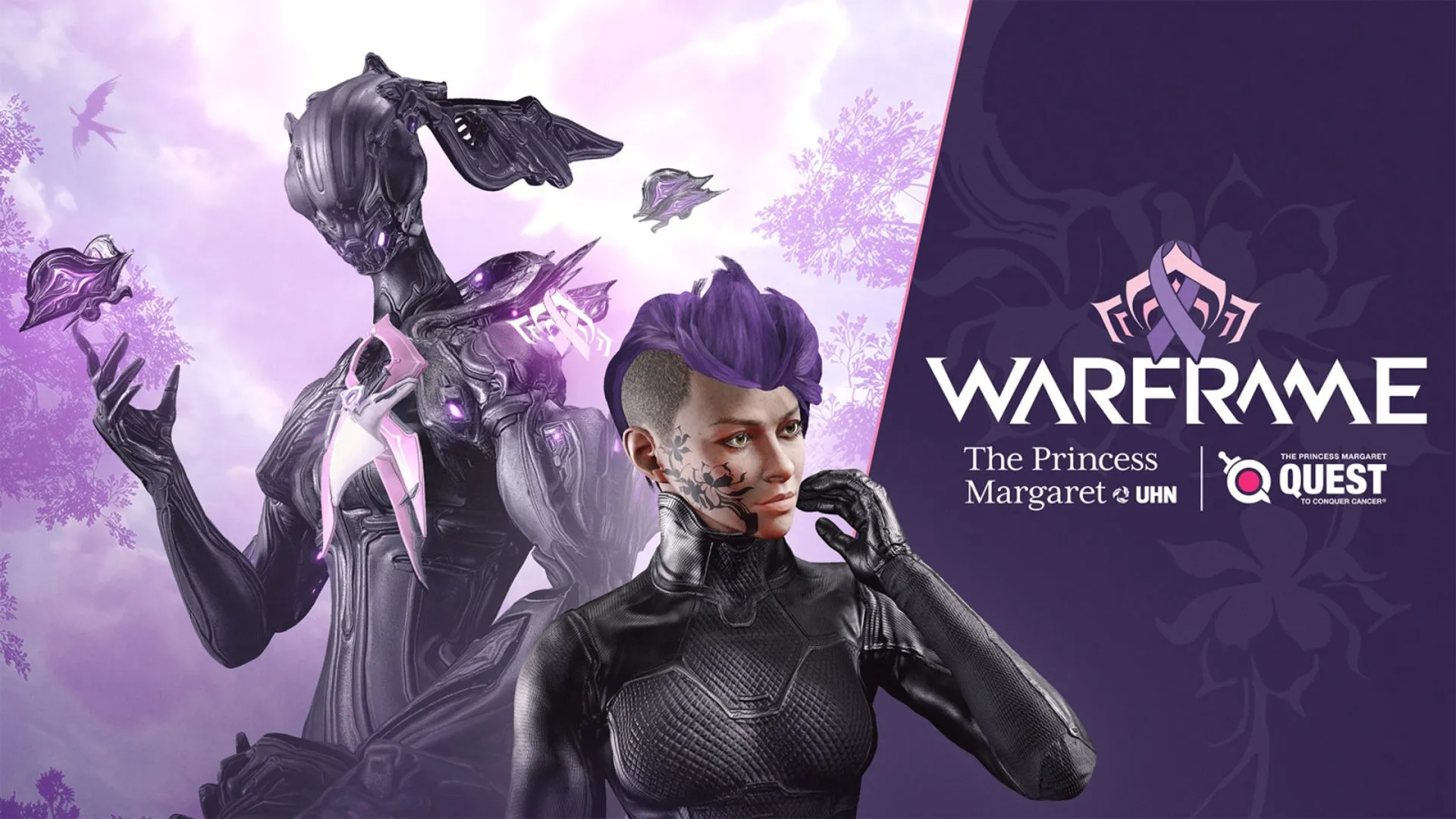 Banner chiến dịch Quest to Conquer Cancer 2024 (QGCC 2024) trong Warframe, minh chứng cho nỗ lực từ thiện của cộng đồng game thủ.