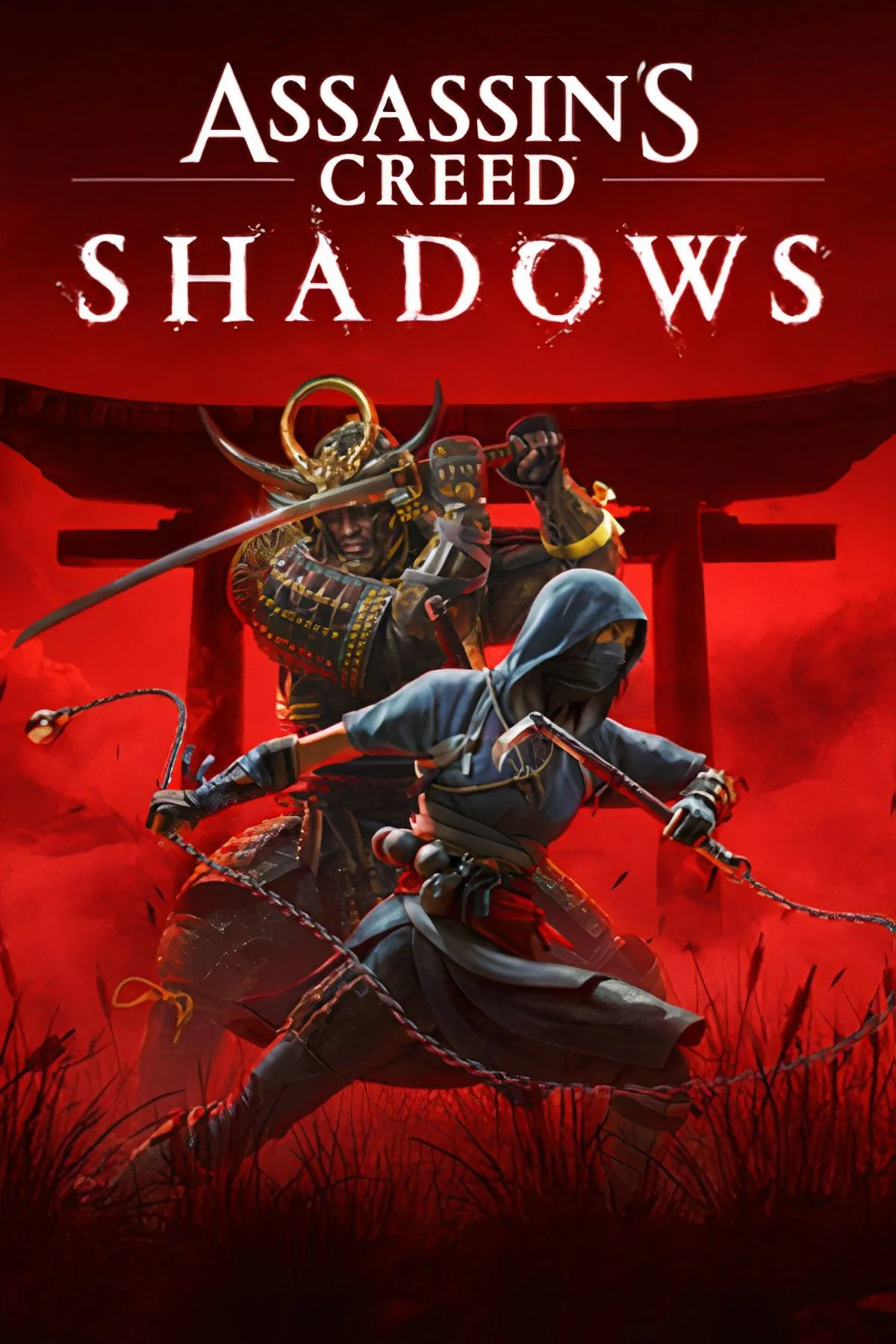 Bìa game Assassin's Creed Shadows, với hai nhân vật chính Naoe và Yasuke trong bối cảnh Nhật Bản phong kiến.