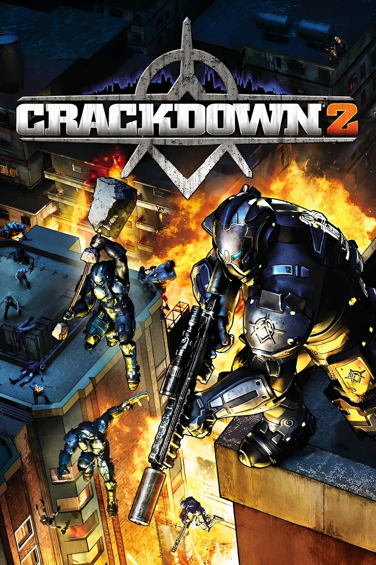 Bìa game Crackdown 2 hiển thị đặc vụ siêu năng lực trong bối cảnh thành phố đổ nát.