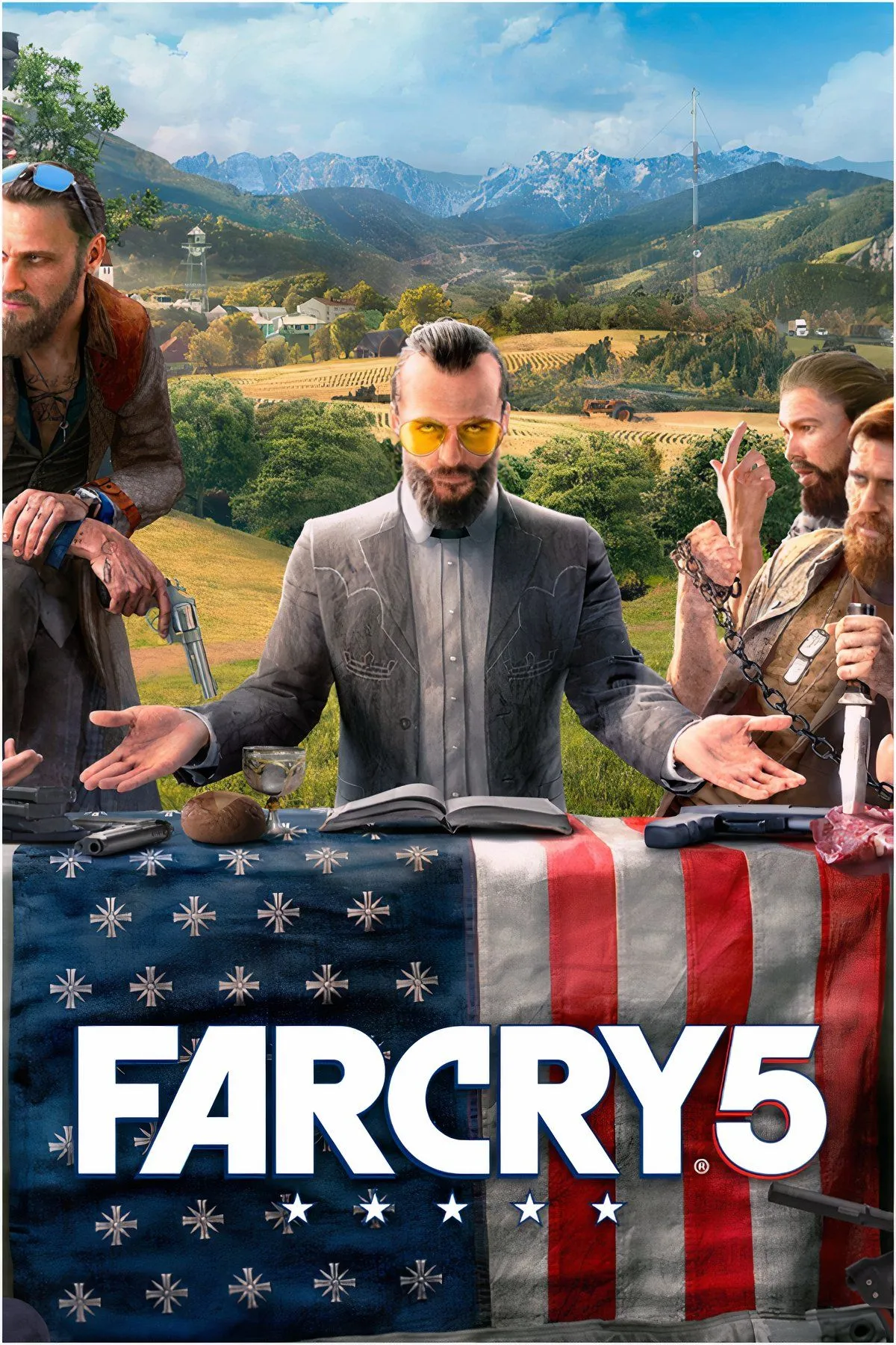 Bìa game Far Cry 5 với các nhân vật chính và phản diện chính, bối cảnh vùng nông thôn Hope County.