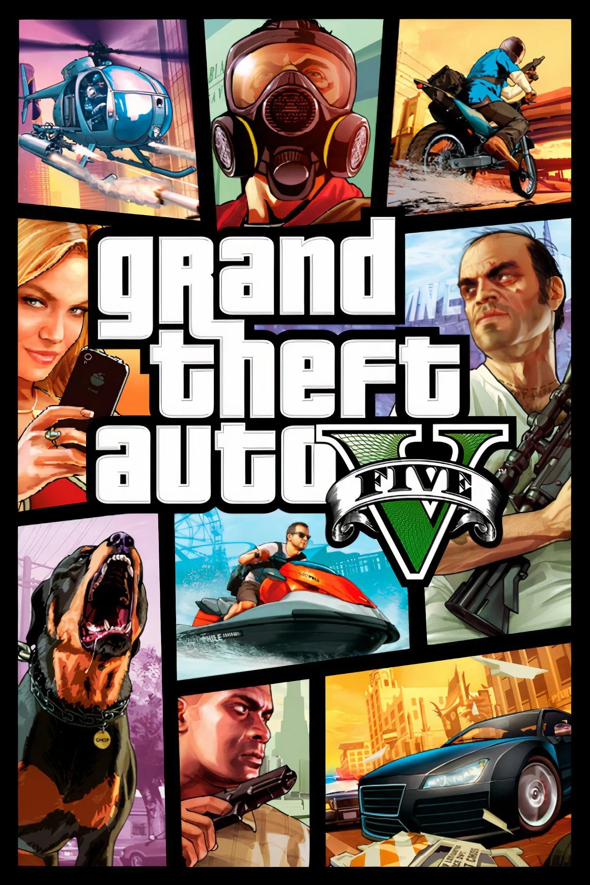 Bìa game Grand Theft Auto 5 hiển thị ba nhân vật chính Michael, Franklin và Trevor, cùng các phương tiện.