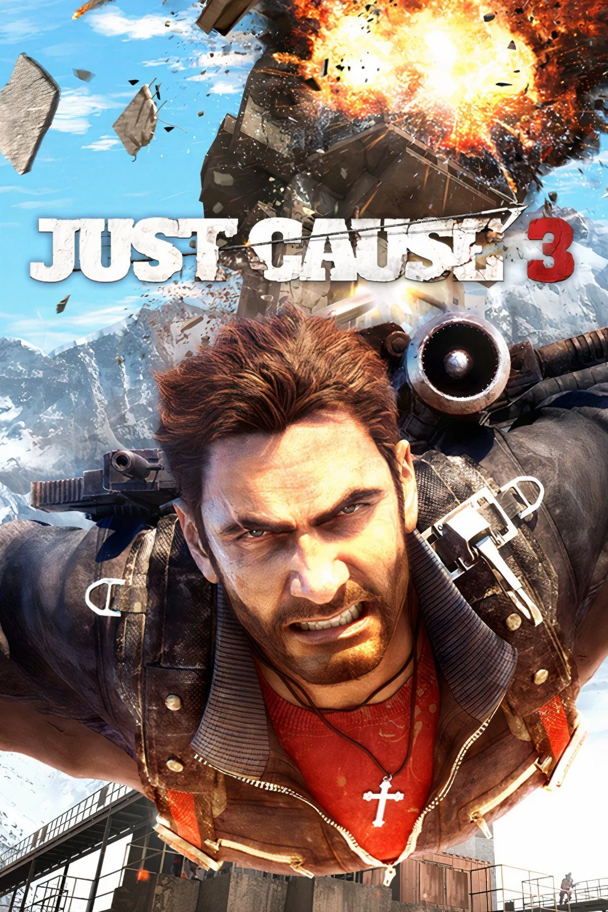 Bìa game Just Cause 3 với nhân vật chính Rico Rodriguez và các vụ nổ hoành tráng.