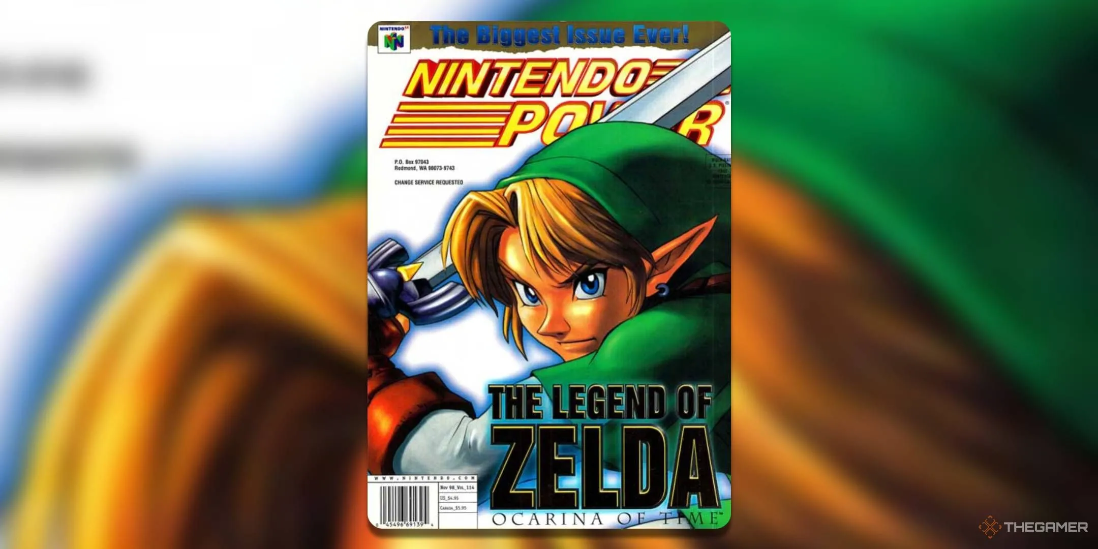 Bìa tạp chí Nintendo Power tháng 11 năm 1998 với Link từ The Legend Of Zelda: Ocarina Of Time