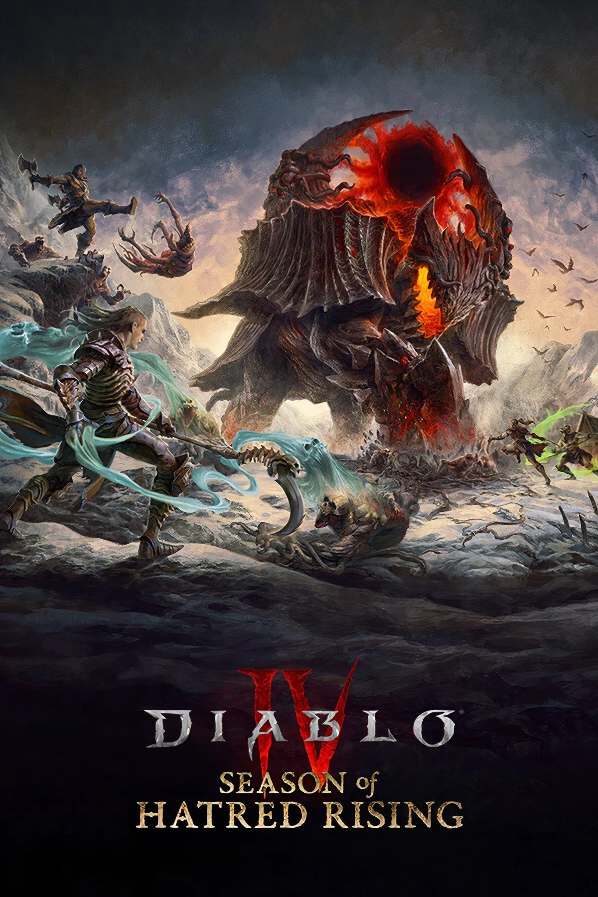 Bìa tổng hợp các lớp nhân vật và khung cảnh u ám của thế giới Diablo 4